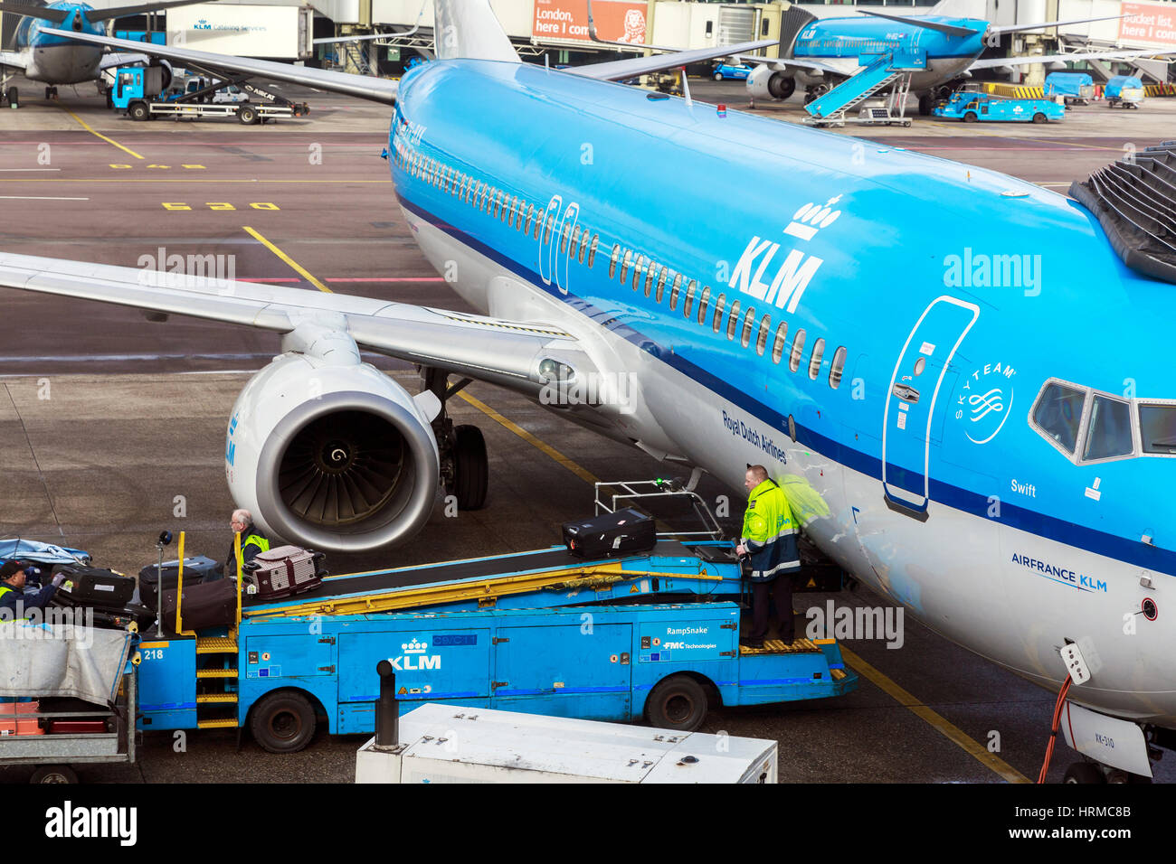 KLM Royal Dutch Airlines, Boeing 737 8K2 en el aeropuerto de Schiphol, en  Amsterdam con descarga de equipaje Fotografía de stock - Alamy