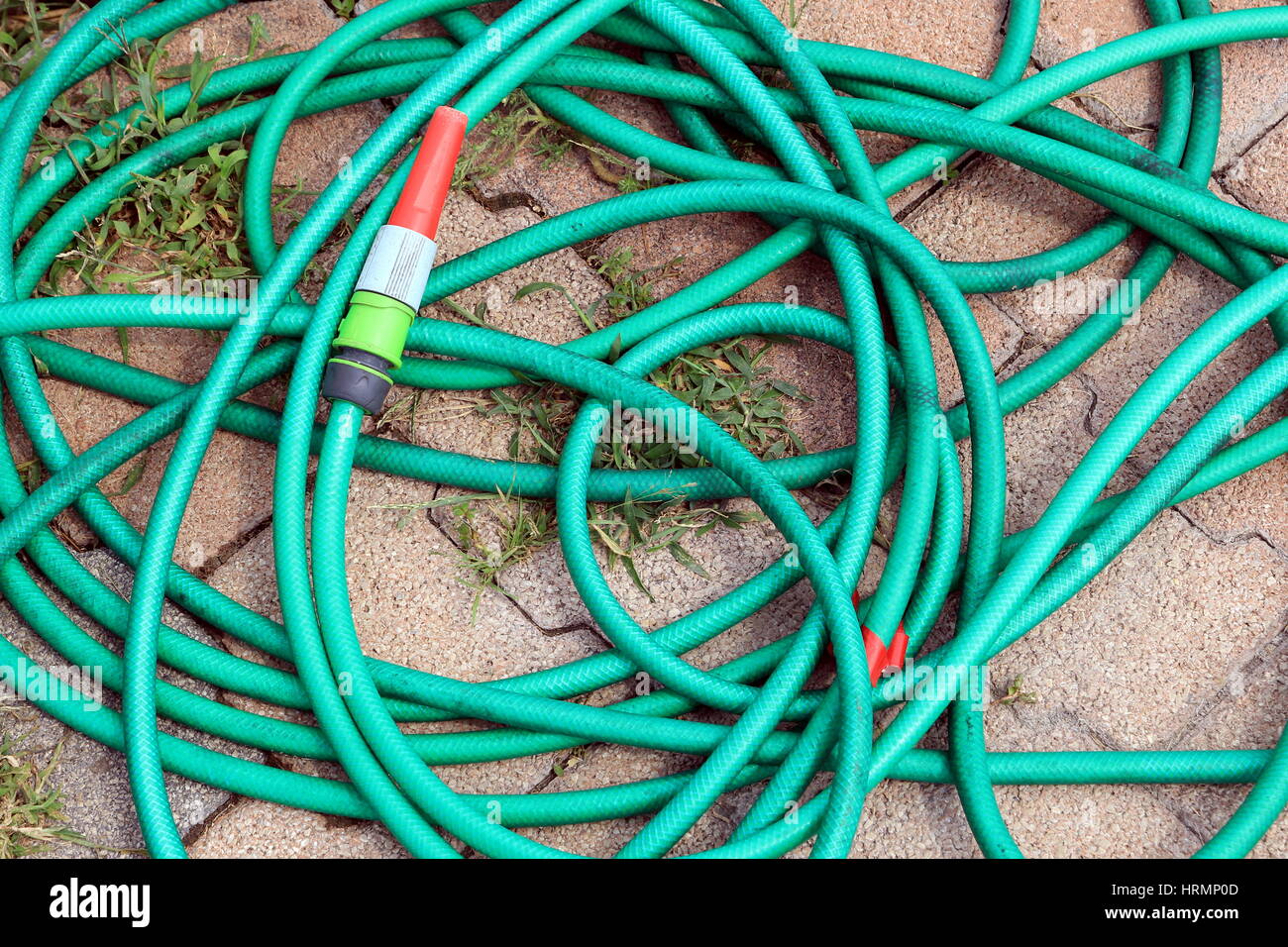 Manguera de agua jardín verde con rojo y blanco boquilla untidily enrollada  en un bloque de piedra de fondo con las malezas Fotografía de stock - Alamy