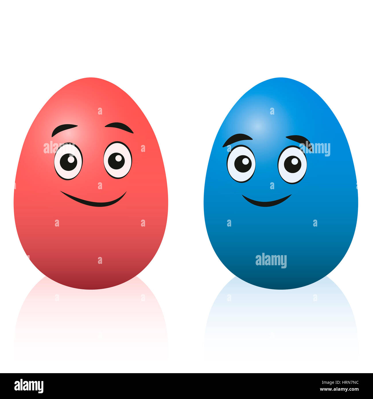 Los huevos de Pascua - rojo y azul - pareja cómica caricatura ilustración aislada sobre fondo blanco. Foto de stock