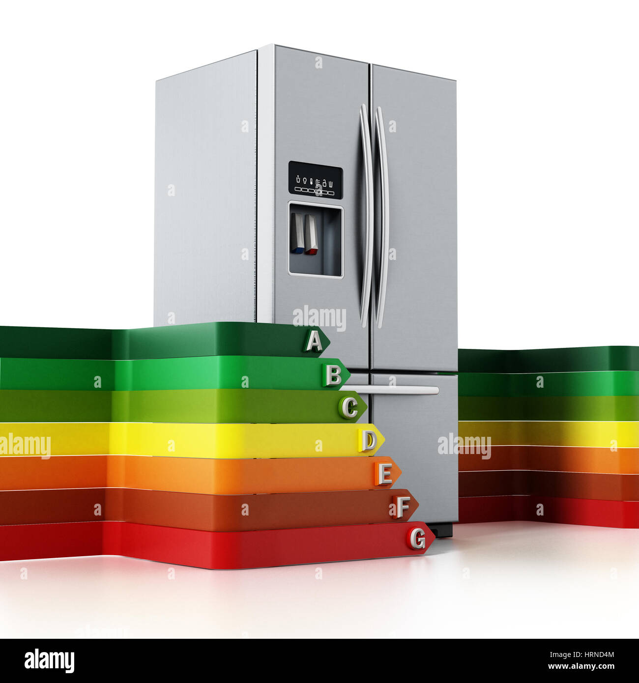 Refrigerador de plata genérico y los niveles de rendimiento energético gráfico. Ilustración 3D. Foto de stock