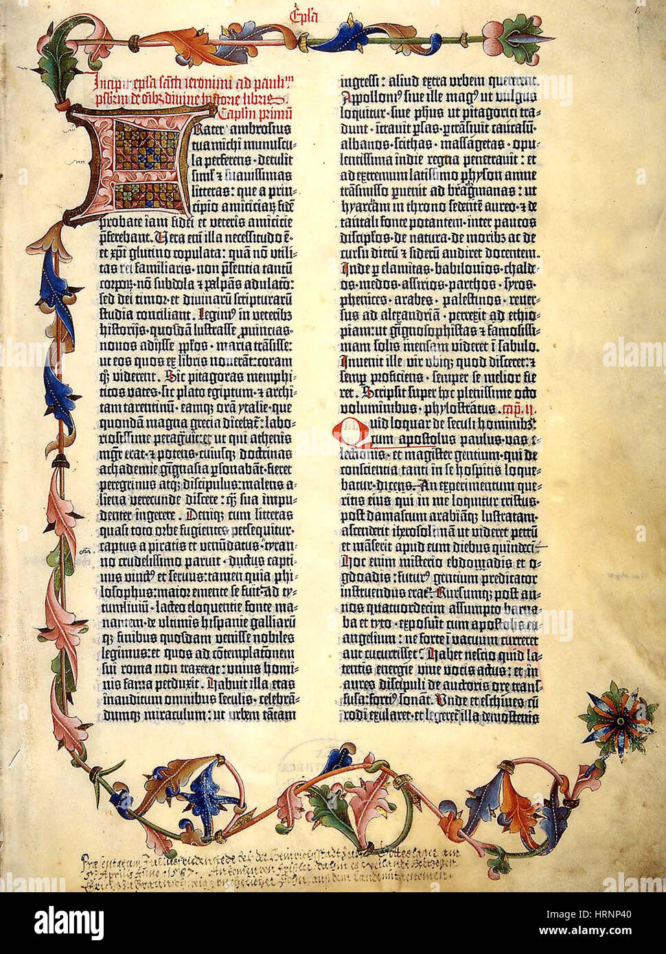 Página de la Biblia de Gutenberg, 1455 Foto de stock
