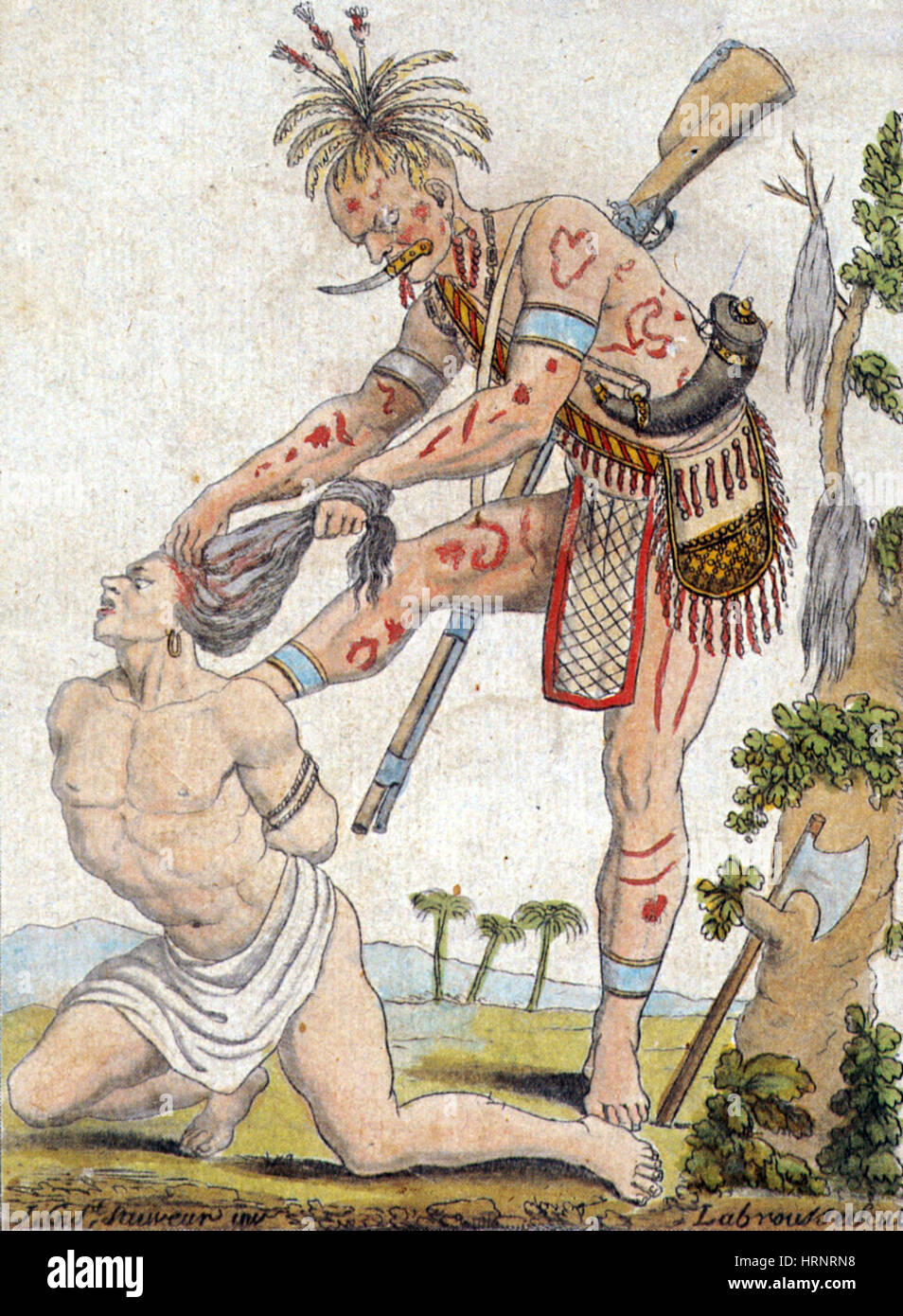 Guerrero Iroquois Scalping enemigo, Siglo XVIII Foto de stock