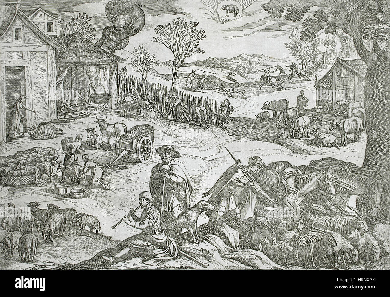 Marzo, actividades campesinas, Calendario del siglo XVI. Foto de stock