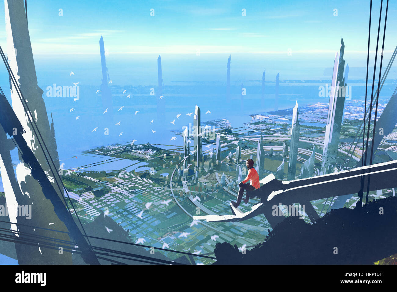Vista aérea con el hombre que está sentado en el borde del edificio mirando en ciudad futurista, ilustración pintura Foto de stock