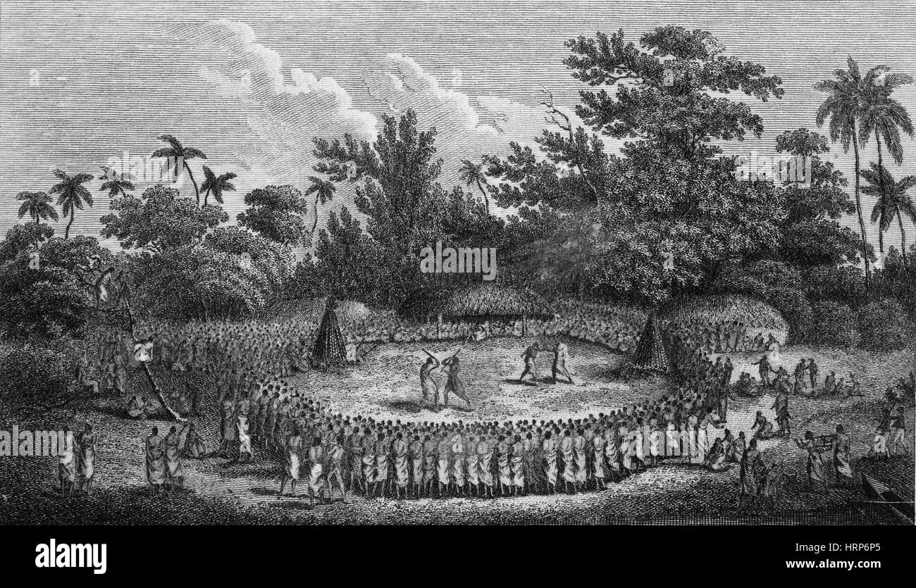 La recepción del capitán James Cook en Ha'apai, 1770s Foto de stock