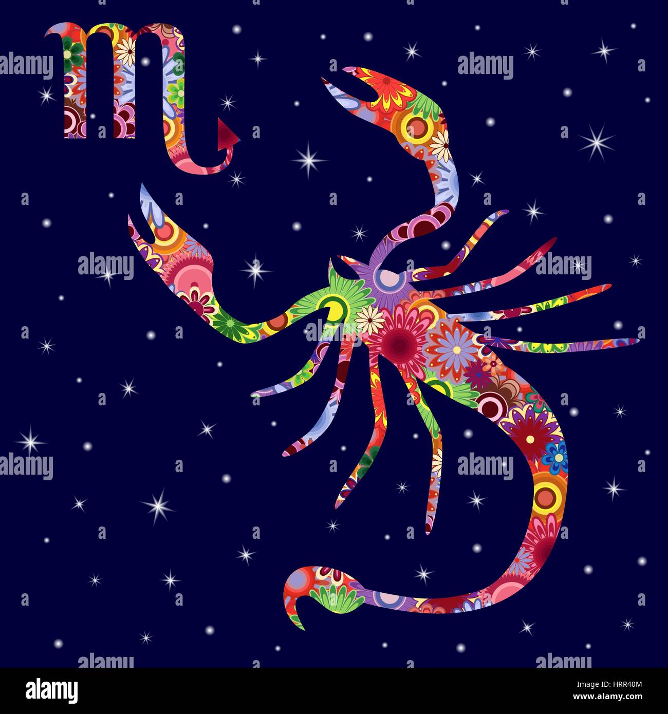 Signo Zodiaco Escorpio llenado con flores de colores sobre un fondo azul  oscuro del cielo estrellado, ilustración vectorial Imagen Vector de stock -  Alamy