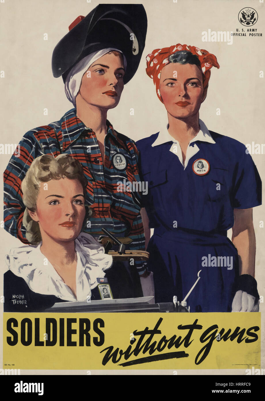 Retrato de tres mujeres que trabajan para el esfuerzo de guerra, 'Soldiers sin pistolas', el Ejército de los Estados Unidos en la Segunda Guerra Mundial cartel, por Adolfo Treidler, USA, 1944 Foto de stock