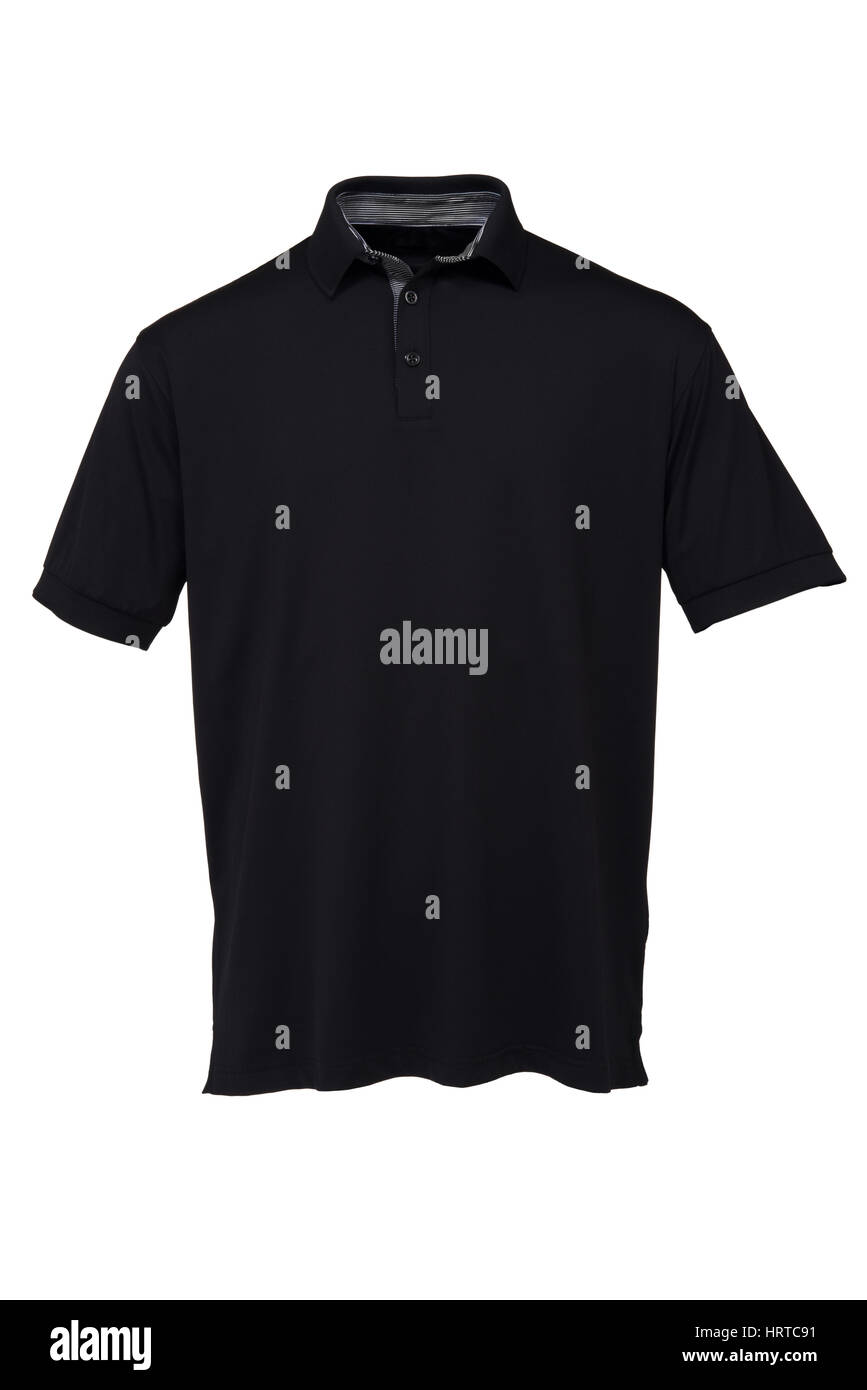 Camiseta de golf negro con collar blanco y negro para el hombre sobre fondo blanco. Foto de stock