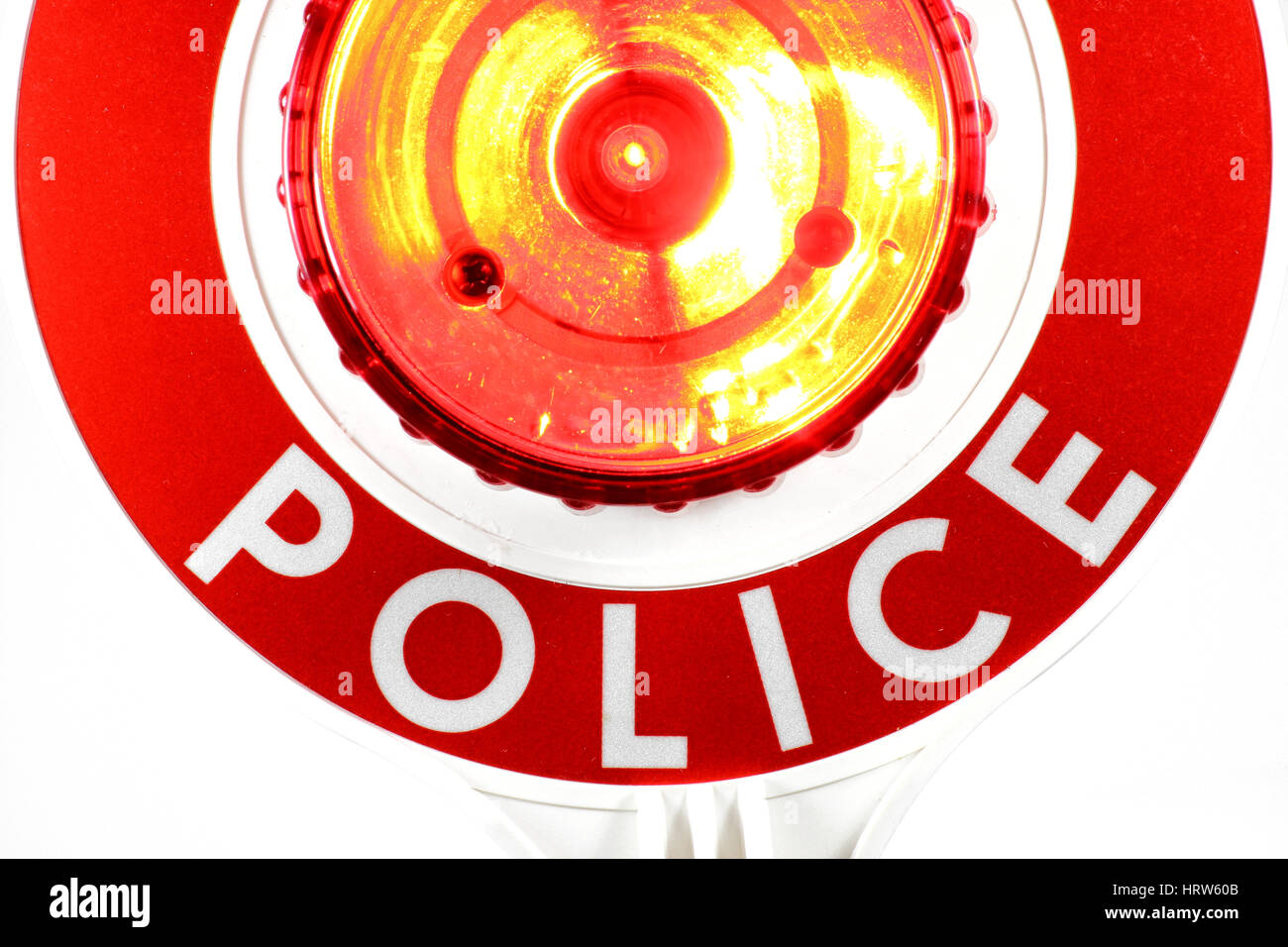 Disco de señalización de policía aislado sobre fondo blanco. Foto de stock
