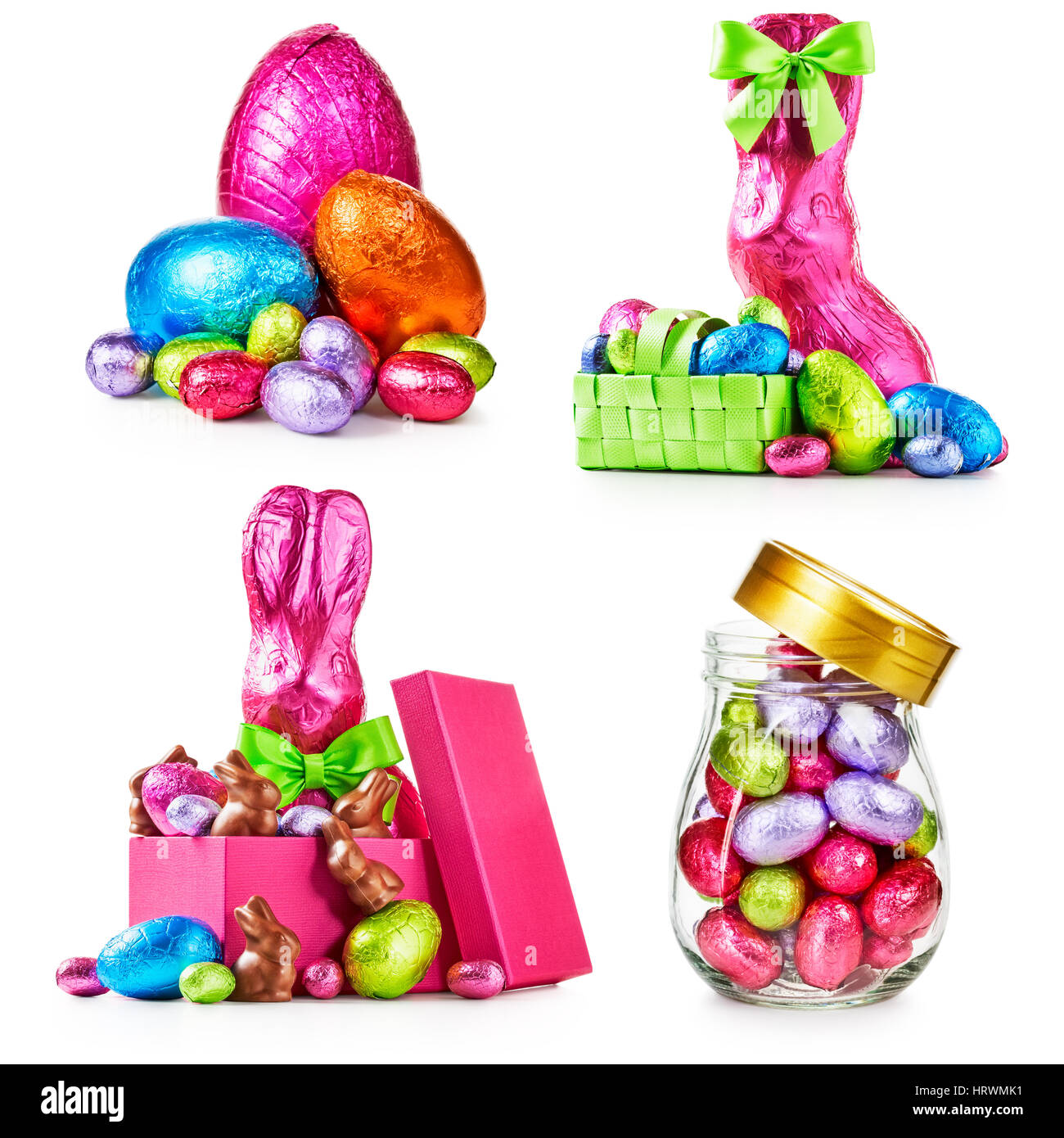 Huevos de pascua de chocolate, conejo con arco envuelto en lámina rosa, conejitos y caramelos de colores colección aislado sobre fondo blanco. Foto de stock