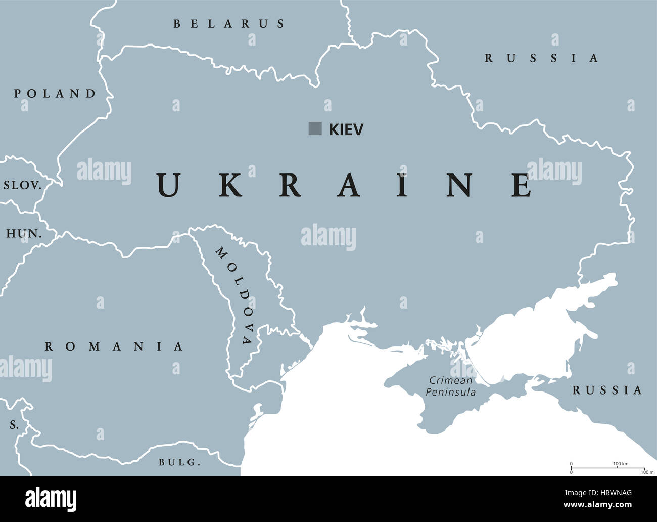 Mapa político de Ucrania con la capital, Kiev, las fronteras nacionales, la Península de Crimea y países vecinos. Estado de Europa oriental. Foto de stock