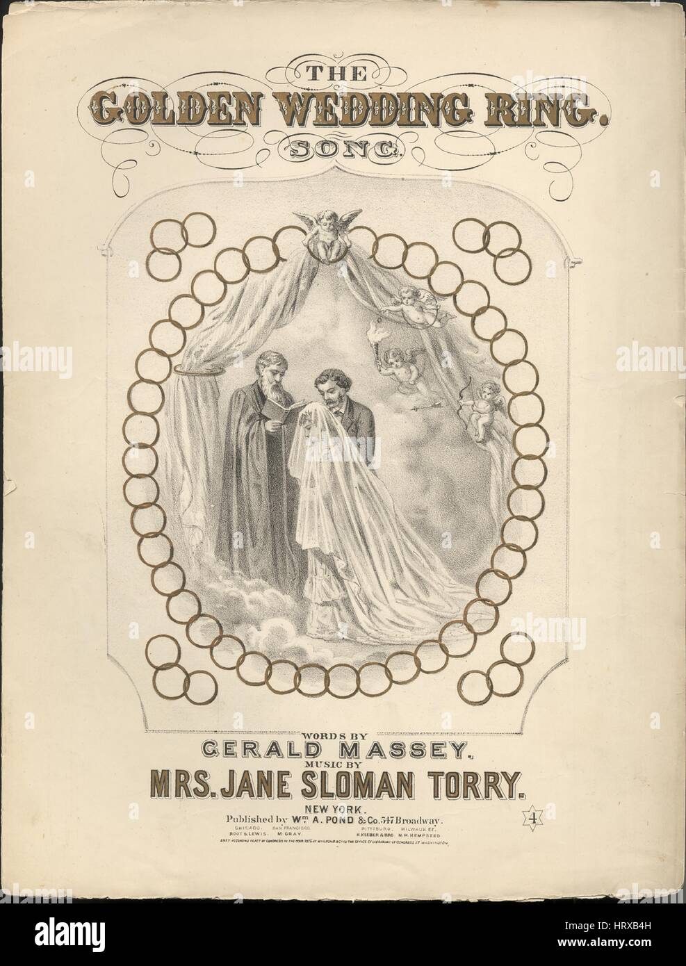 Imagen de cubierta de partituras de la canción "El Anillo de Bodas de Oro',  con la canción de la autoría original notas leyendo 'palabras por Gerald  Massey Música por la Sra. Jane