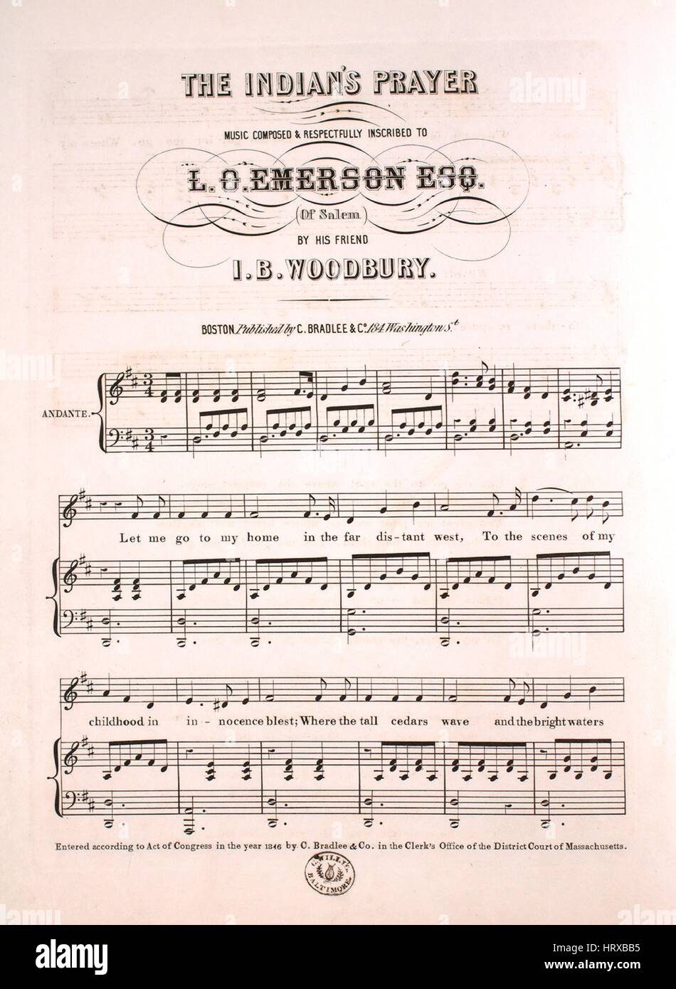 Imagen de cubierta de partituras de la canción "La oración del Indio", con  notas de autoría original leyendo 'Música compuesto por IB Woodbury',  Estados Unidos, 1846. El editor está listada como "C.