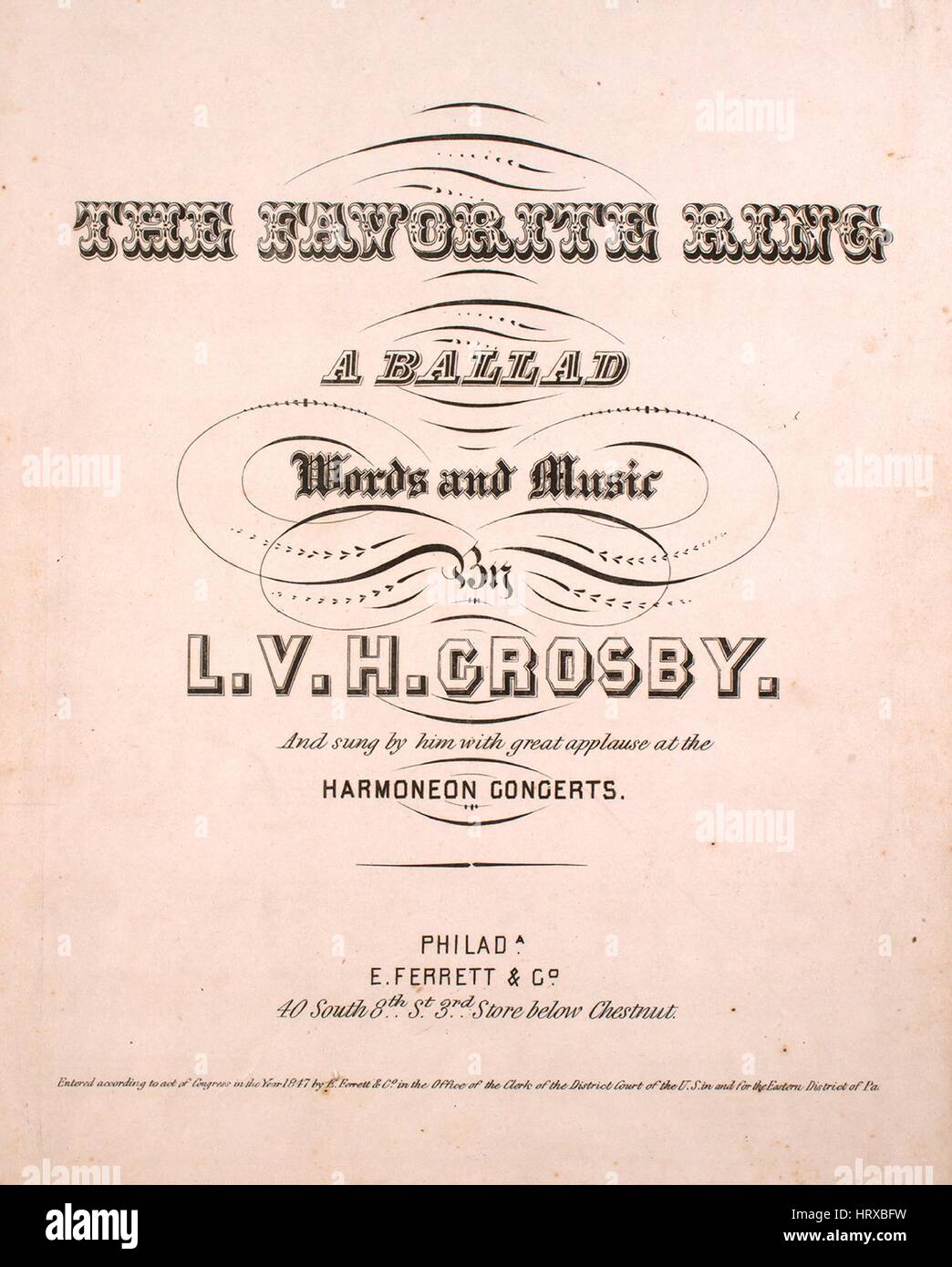 Imagen de cubierta de partituras de la canción "El Anillo favorito', una  balada con notas de autoría original leyendo 'Palabras y música de HVI  Crosby', Estados Unidos, 1847. El editor está listada