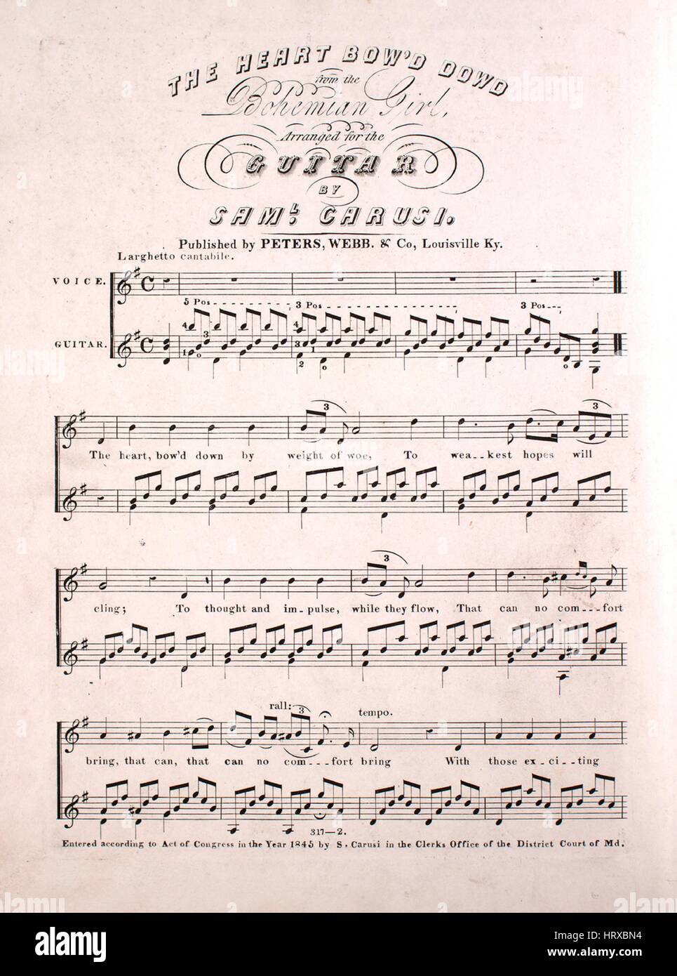 Imagen de cubierta de partituras de la canción "El Corazón Bow'd Dowd de la  bohemia de la Niña", con notas de autoría original leyendo 'dispuestas para la  guitarra de SAML Carusi', 1845.