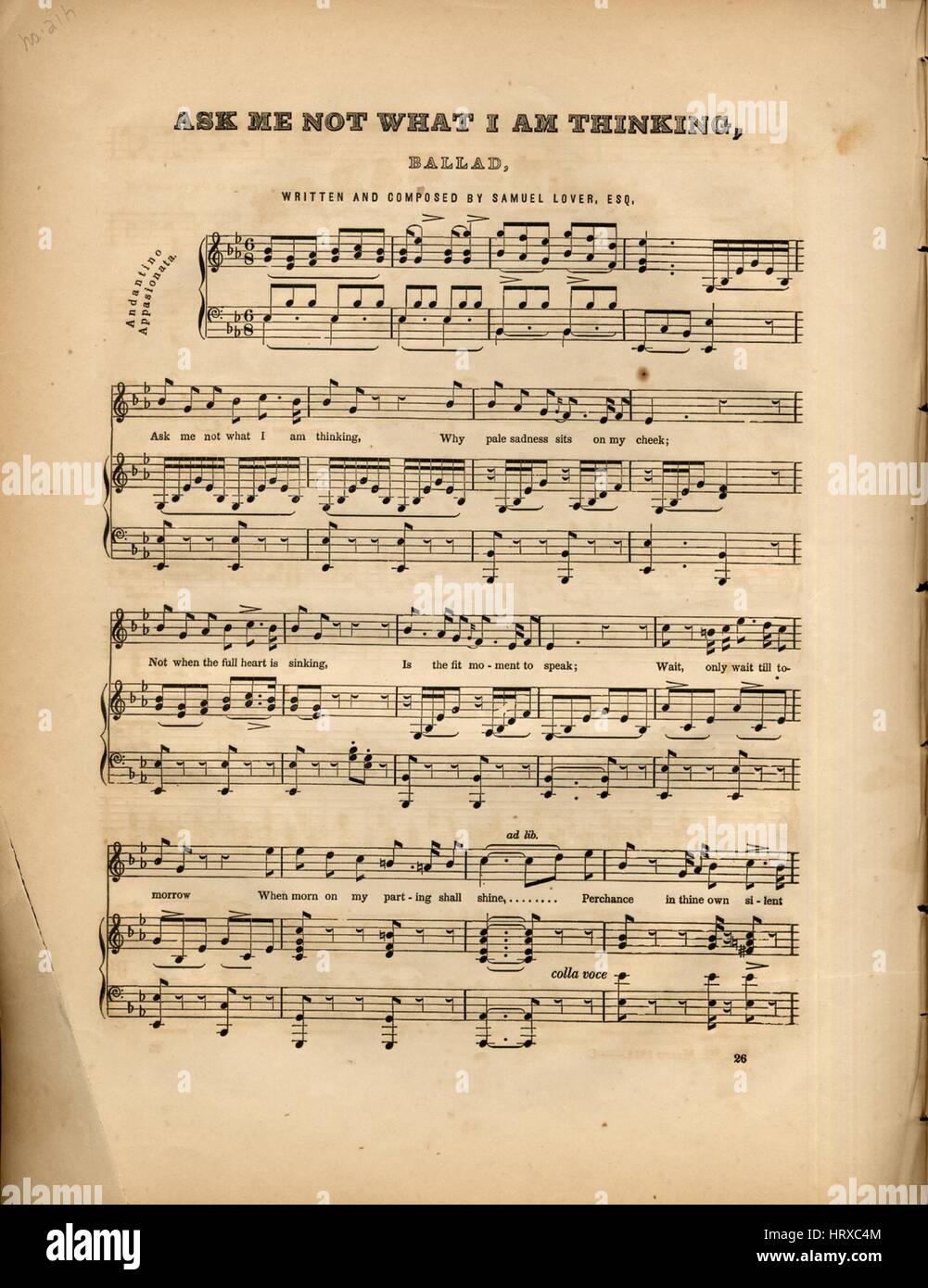 Imagen de cubierta de partituras de la canción "No preguntarme qué pienso  Ballad", con notas de autoría original leyendo 'Escrito y compuesto por  Samuel amante, Esq', de 1900. El editor aparece como '',