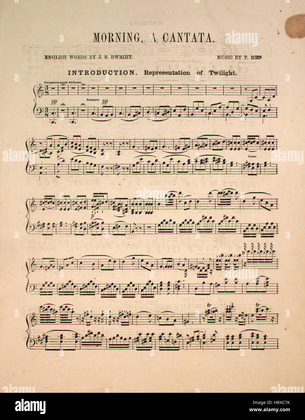 Imagen de cubierta de partituras de la canción 'Mmatinal, Cantata", con  notas de autoría original leyendo 'palabras en inglés por JS Dwight música  por F Ries", 1900. El editor aparece como '',