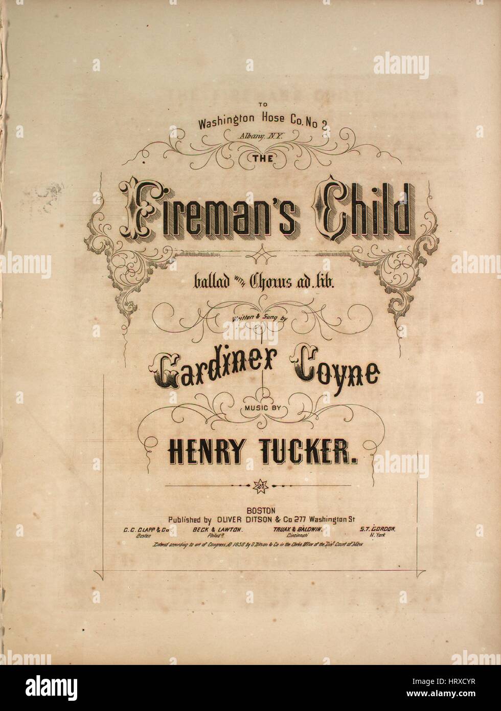 Imagen de cubierta de partituras de la canción "La balada del niño bombero  con coro ad lib', con notas de autoría original leyendo 'Escrito por  Gardiner Coyne música de Henry Tucker', Estados