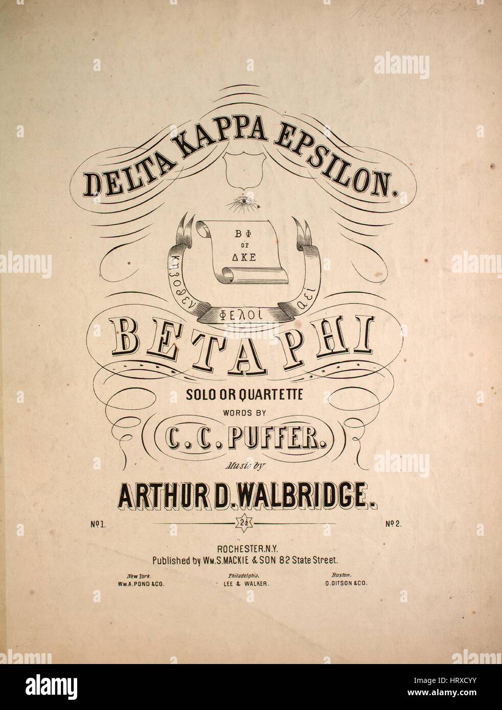 Imagen de cubierta de partituras de la canción "Delta Kappa Epsilon Solo o  Quartette', con notas de autoría original leyendo 'palabras por CC Puffer  música por Arthur D Walbridge', de 1900. El