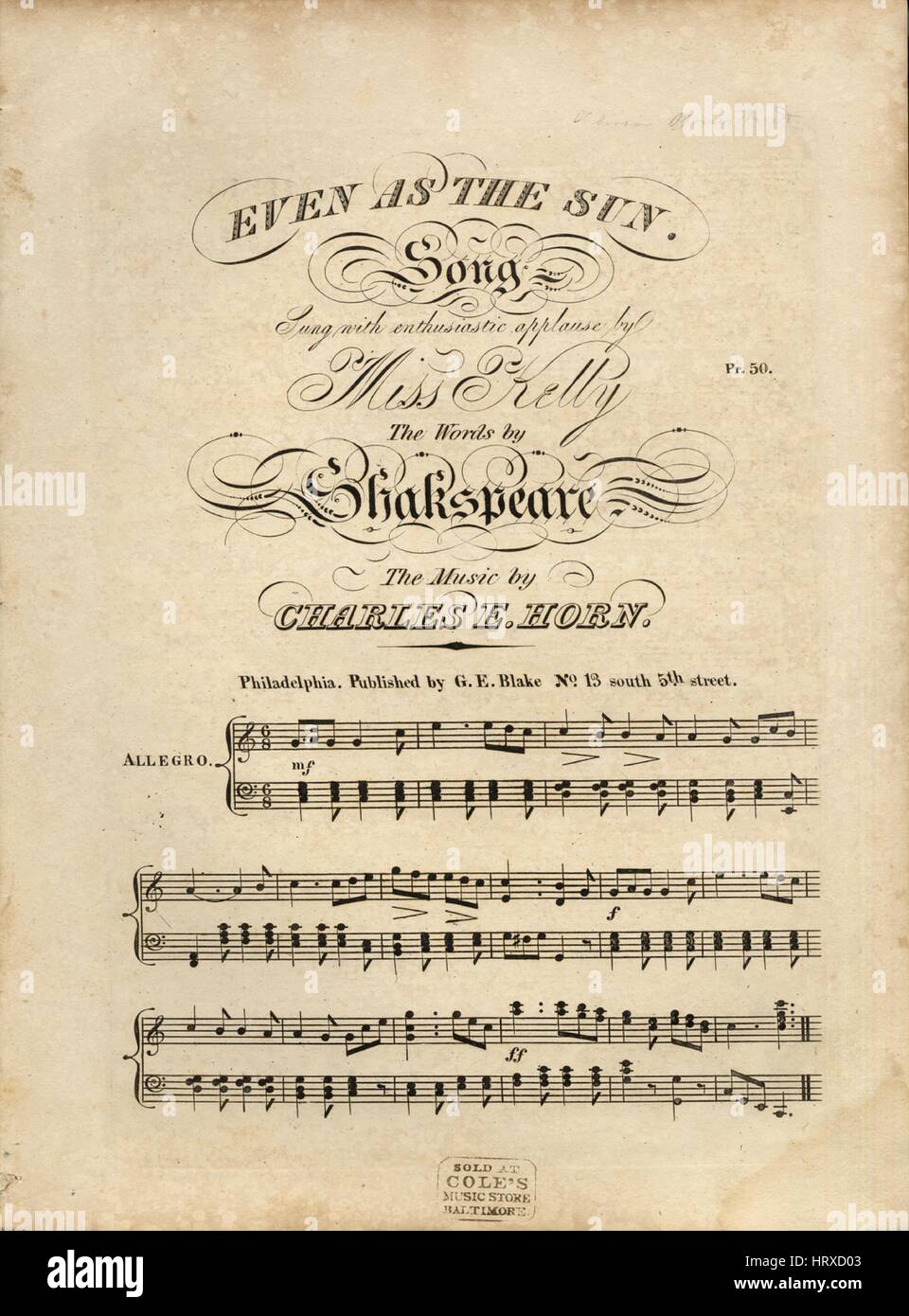Imagen de cubierta de partituras de la canción "incluso como el sol", con  canciones de la autoría original notas leyendo 'las palabras [por William  Shakespeare] La música de Charles E BOCINA", Estados