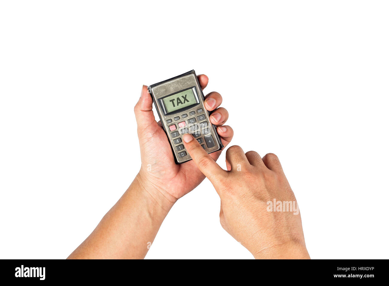 Calculadora en mano vieja.Conceptual del dinero y los negocios. Foto de stock