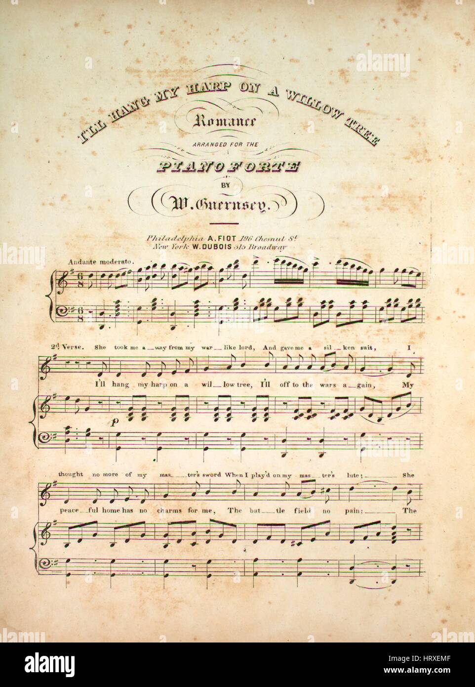 Imagen de cubierta de partituras de la canción "te voy a colgar mi arpa en  un Sauce Romance", con notas de autoría original leyendo 'arreglados para  Piano Forte por W Guernsey', Estados
