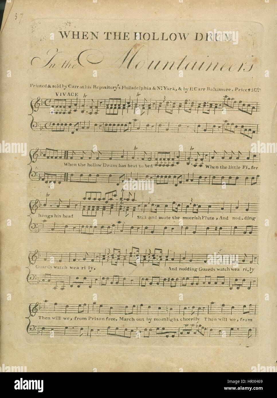 Imagen de cubierta de partituras de la canción 'Cuando el tambor hueco",  con notas de autoría original leyendo 'na', Estados Unidos, 1797. El editor  aparece como '[B.] Carr", la forma de composición