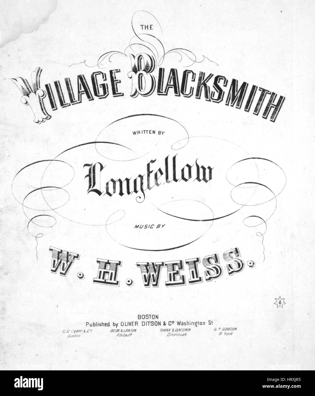 Imagen de cubierta de partituras de la canción "El herrero del pueblo", con  notas de autoría original leyendo 'escrito por Henry Wadsworth Longfellow  [Música] por WH Weiss", Estados Unidos, 1900. El editor