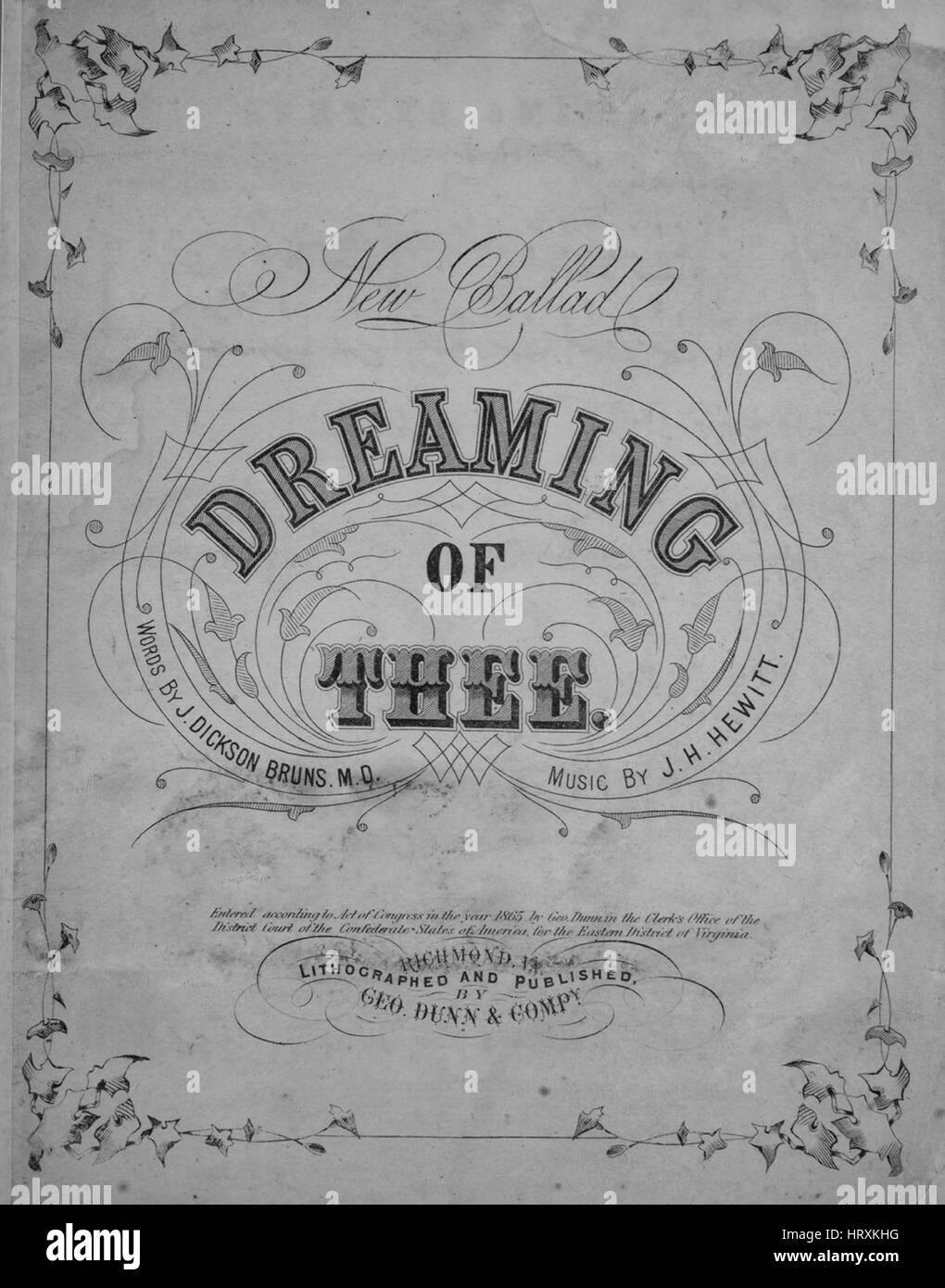 Imagen de cubierta de partituras de la canción 'Descariado de ti New  Ballad", con notas de autoría original leyendo 'palabras por J Dickson  Bruns, MD Music por JH Hewitt", 1865. El editor