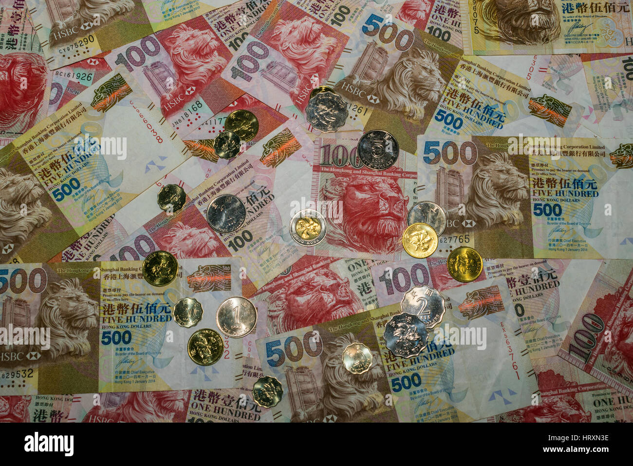 Dólar de Hong Kong, los billetes y monedas Foto de stock