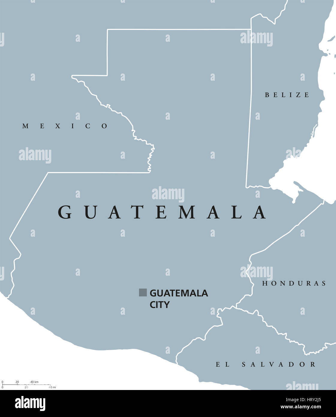 Mapa político de Guatemala con el capital y las fronteras nacionales. República y país en América Central, el núcleo de la civilización Maya. Foto de stock