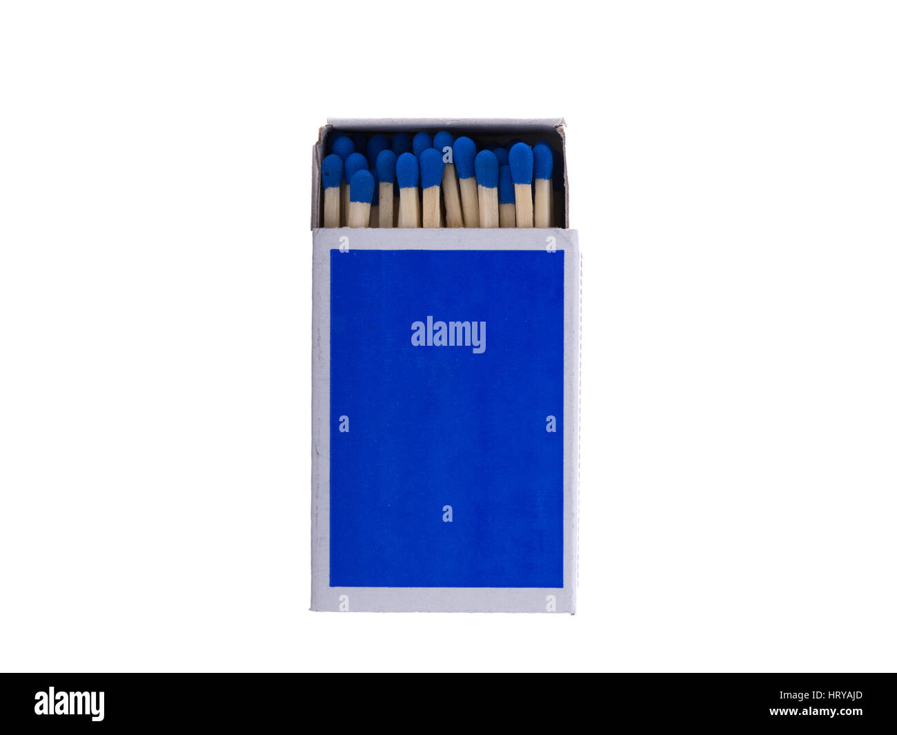 Cerrar foto de una caja de fósforos azules con fósforos de seguridad, aislados delante de un fondo blanco. Foto de stock