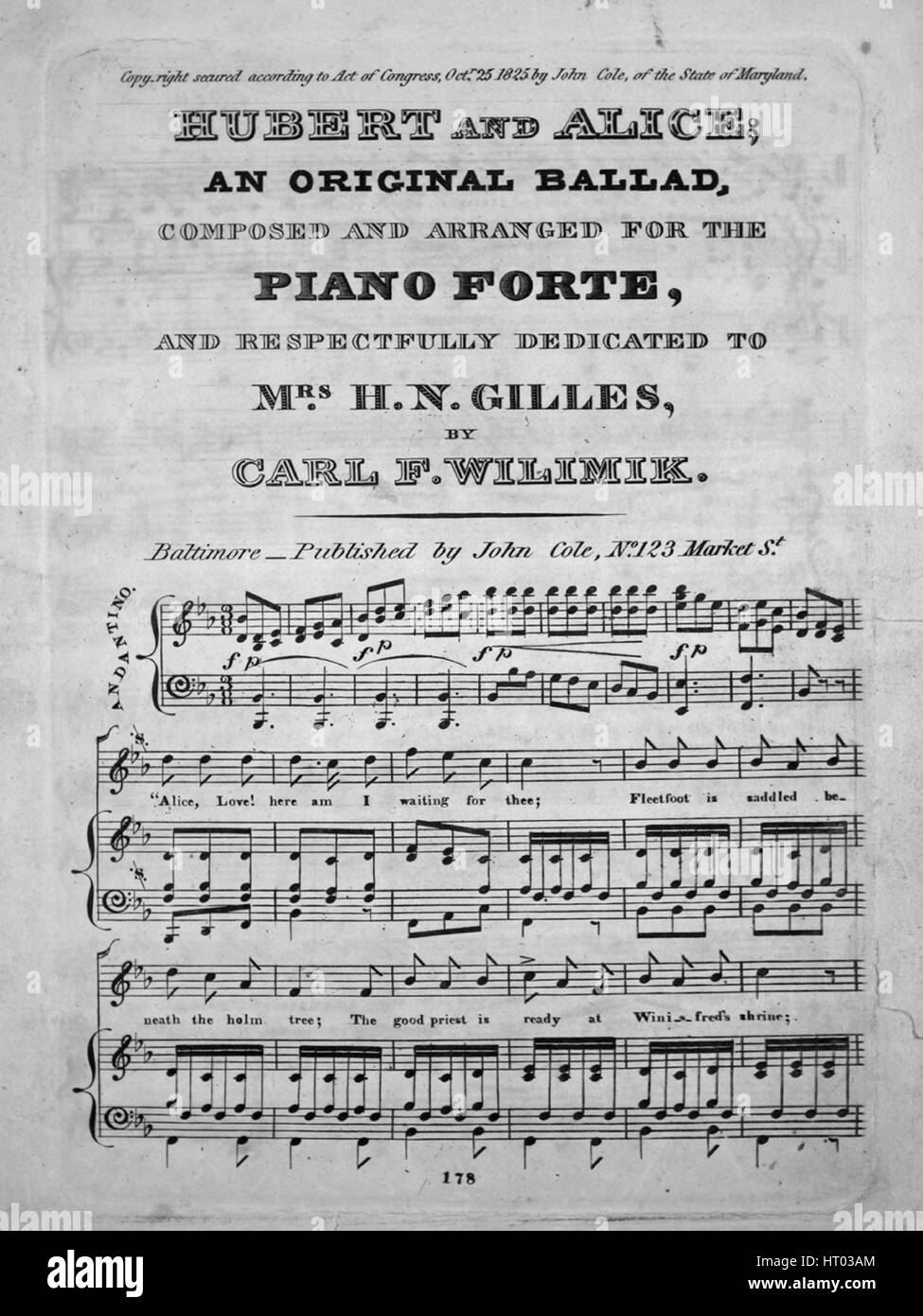 Imagen De Cubierta De Partituras De La Cancion Hubert Y Alice Una Balada Original Con Notas De Autoria Original Leyendo Compuesto Y Arreglado Por El Piano Forte Por Carl F Wilimik Estados