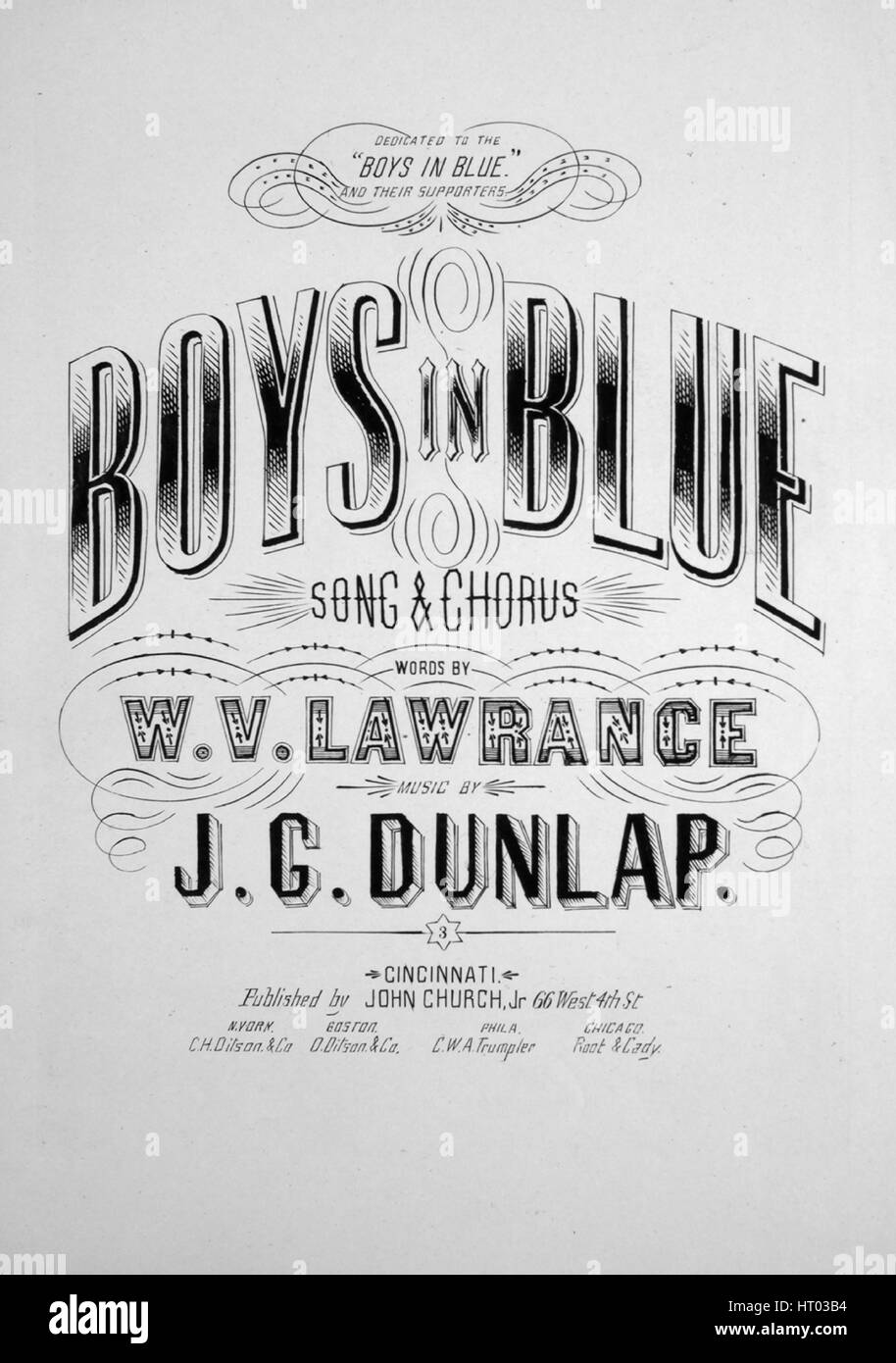 Imagen de cubierta de partituras de la canción "Los chicos de azul y el coro  de la canción", con notas de autoría original leyendo 'palabras por WV  Lawrance música por JG Dunlap',