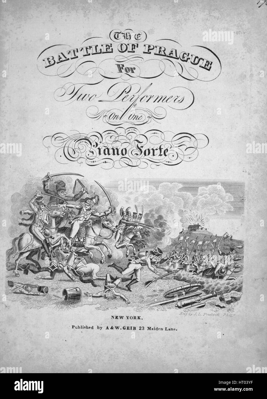 Partituras imagen de la canción 'la batalla de Praga para dos intérpretes  en un piano Forte', con notas de autoría originales que decía 'compuesta  por el Sr. Kotzwara', Estados Unidos, 1900. El