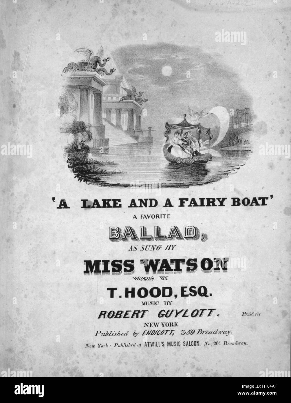 Partituras imagen de la canción ''un lago y un barco de hadas' UNA balada  favorita', con notas de autoría originales que leen 'Words by T Hood, Esq  Music by Robert Guylott', Estados