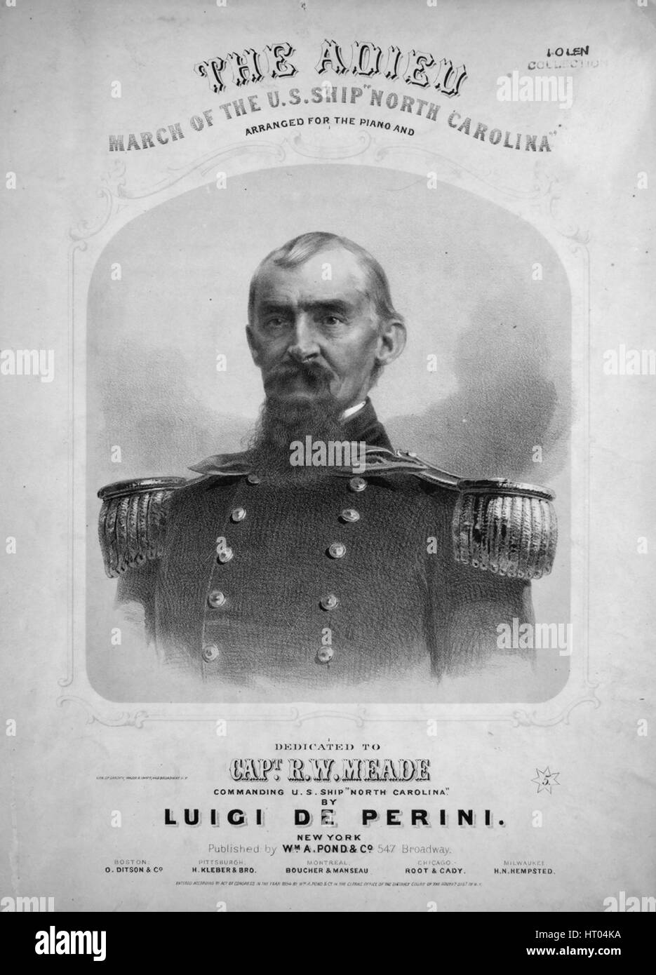 Imagen de cubierta de partituras de la canción "El adiós de marzo del buque estadounidense 'Carolina del Norte'', con la autoría original notas leyendo 'por Luigi De Perini', Estados Unidos, 1864. El editor está clasificada como 'Wm. A. estanque y Co., 547 Broadway", la forma de composición es "un capo con el trío", la instrumentación es 'Piano', la primera línea dice 'Ninguno', y la ilustración artista está clasificada como 'Lith. De Sarony, importantes y Knapp, 449 Broadway, New York; Engd. En Clayton's". Foto de stock