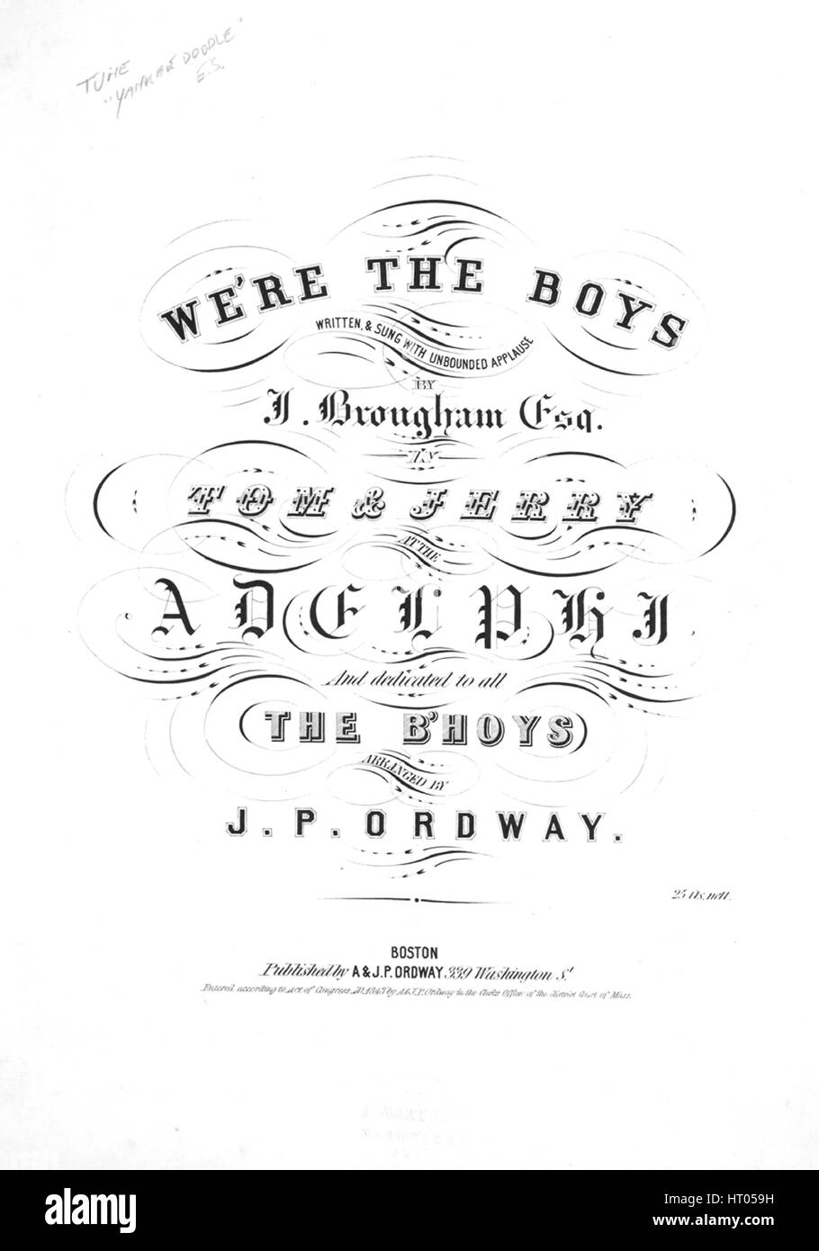 Imagen de cubierta de partituras de la canción "Somos los chicos [tune 'Yankee Doodle Dandy"]", con notas de autoría original leyendo 'Escrito por J Brougham, Esq organizado por JP Ordway', Estados Unidos, 1843. El editor está clasificada como 'A. y J.P. Ordway, 339 Washington St.', la forma de composición es "con coro trófica', la instrumentación es "piano y voz", la primera línea dice: "Somos los chicos, y eso es suficiente y esta es la manera en que vayamos', y la ilustración artista está clasificada como 'Ninguno'. Foto de stock