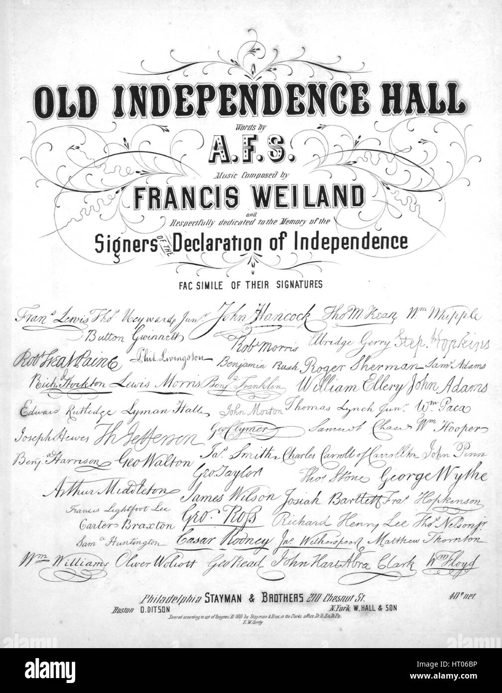Imagen de cubierta de partituras de la canción "Viejo Independence Hall",  con notas de autoría original leyendo 'palabras por AFS Música compuesta  por Francis Weiland', Estados Unidos, 1855. El editor está listada