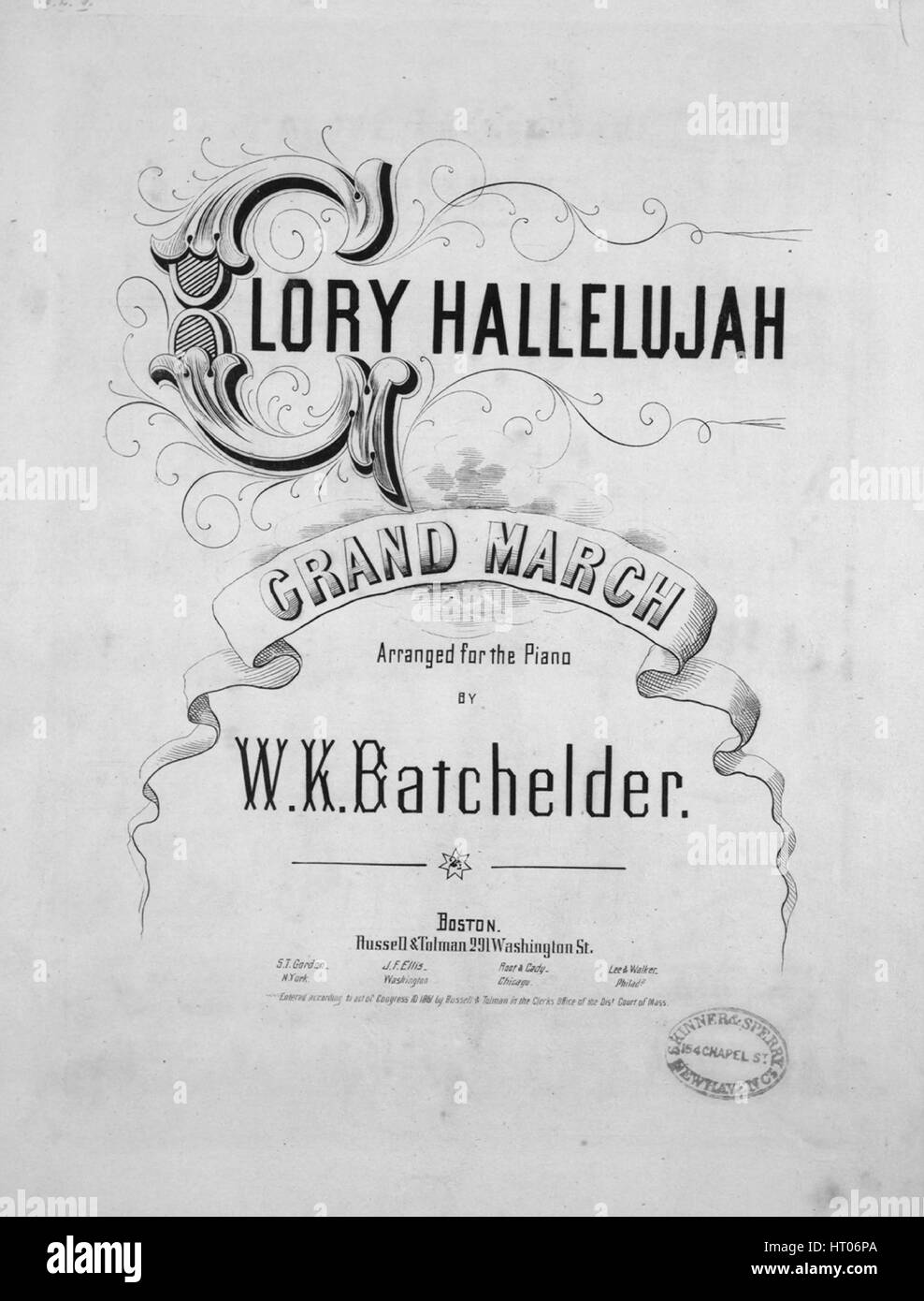 Imagen de cubierta de partituras de la canción 'Gloria aleluya Gran  marcha", con notas de autoría original leyendo 'arreglados para piano por  WK Batchelder', Estados Unidos, 1861. El editor está clasificada como '