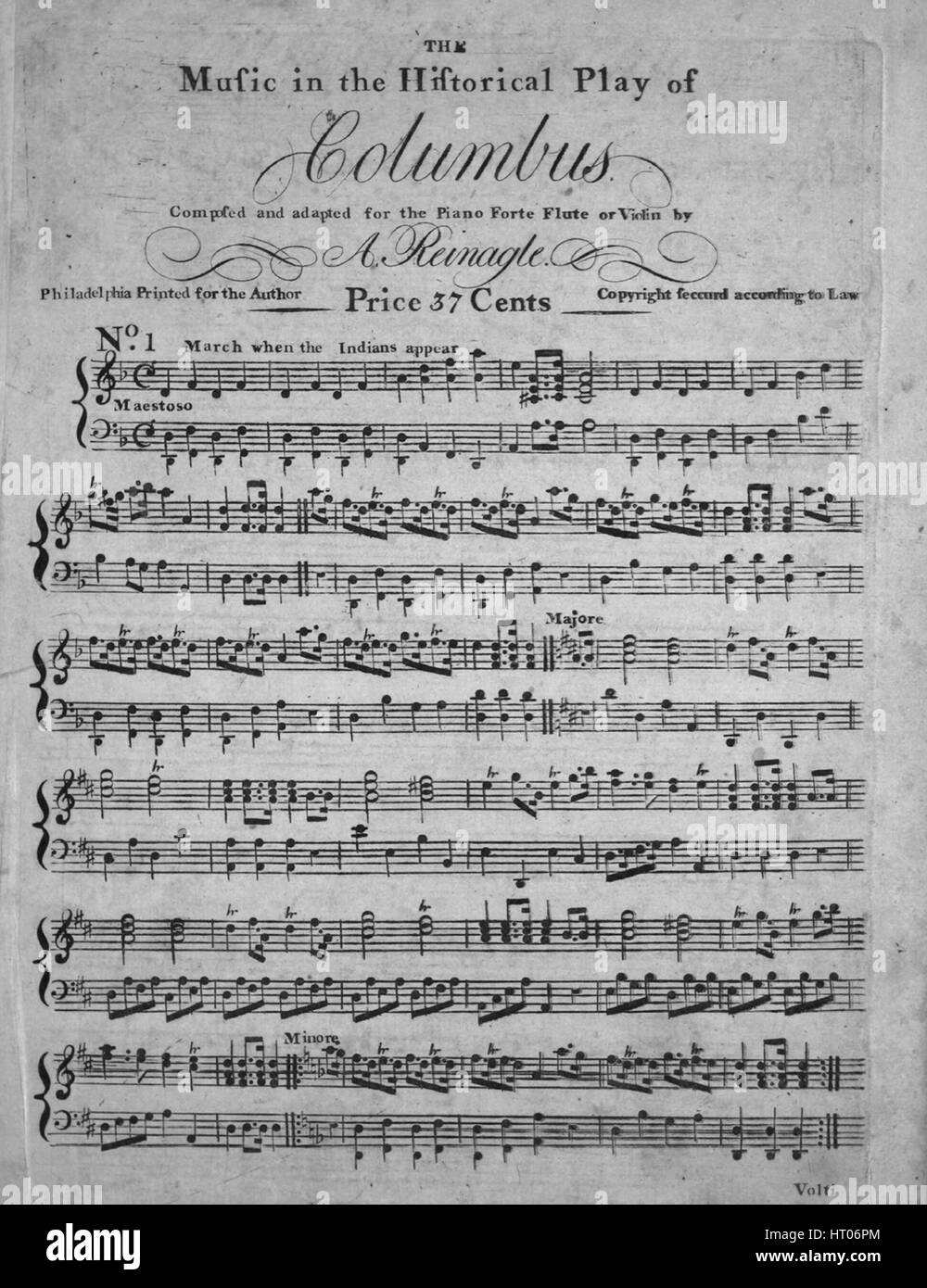 Imagen de cubierta de partituras de la canción "La música en el juego  histórico de Colón", con notas de autoría original leyendo 'compuesta y  adaptada para el Forte piano, flauta, violín o