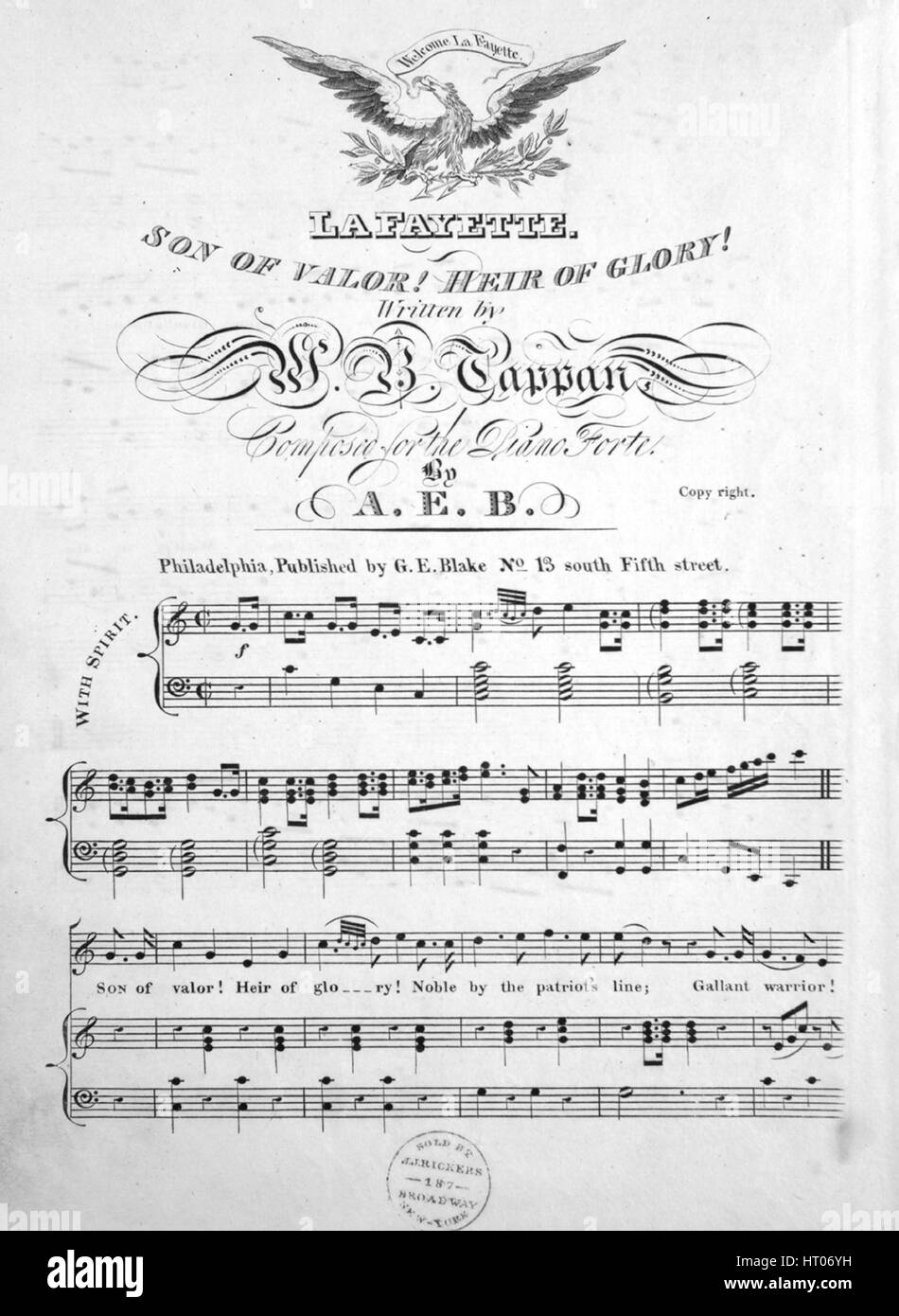 Imagen de cubierta de partituras de la canción "Lafayette Hijo de valor!  Heredero de la Gloria!", con la autoría original de lectura de notas  escritas por WB Tappan compuesta para piano Forte