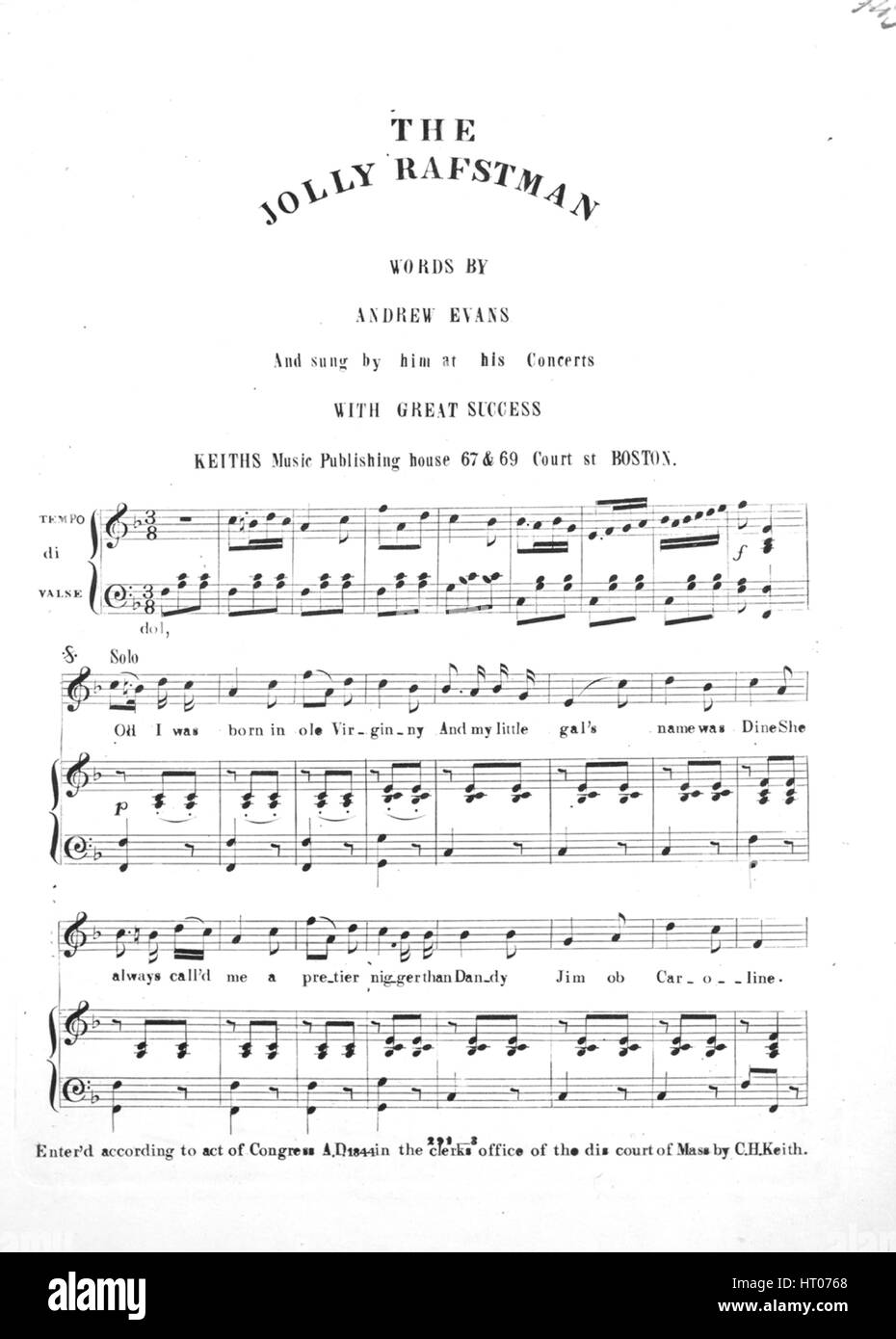 Imagen de cubierta de partituras de la canción "El Jolly Raftsman', con  notas de autoría original leyendo 'palabras por Andrew Evans", Estados  Unidos, 1844. El editor está clasificada como 'Keiths Music Publishing