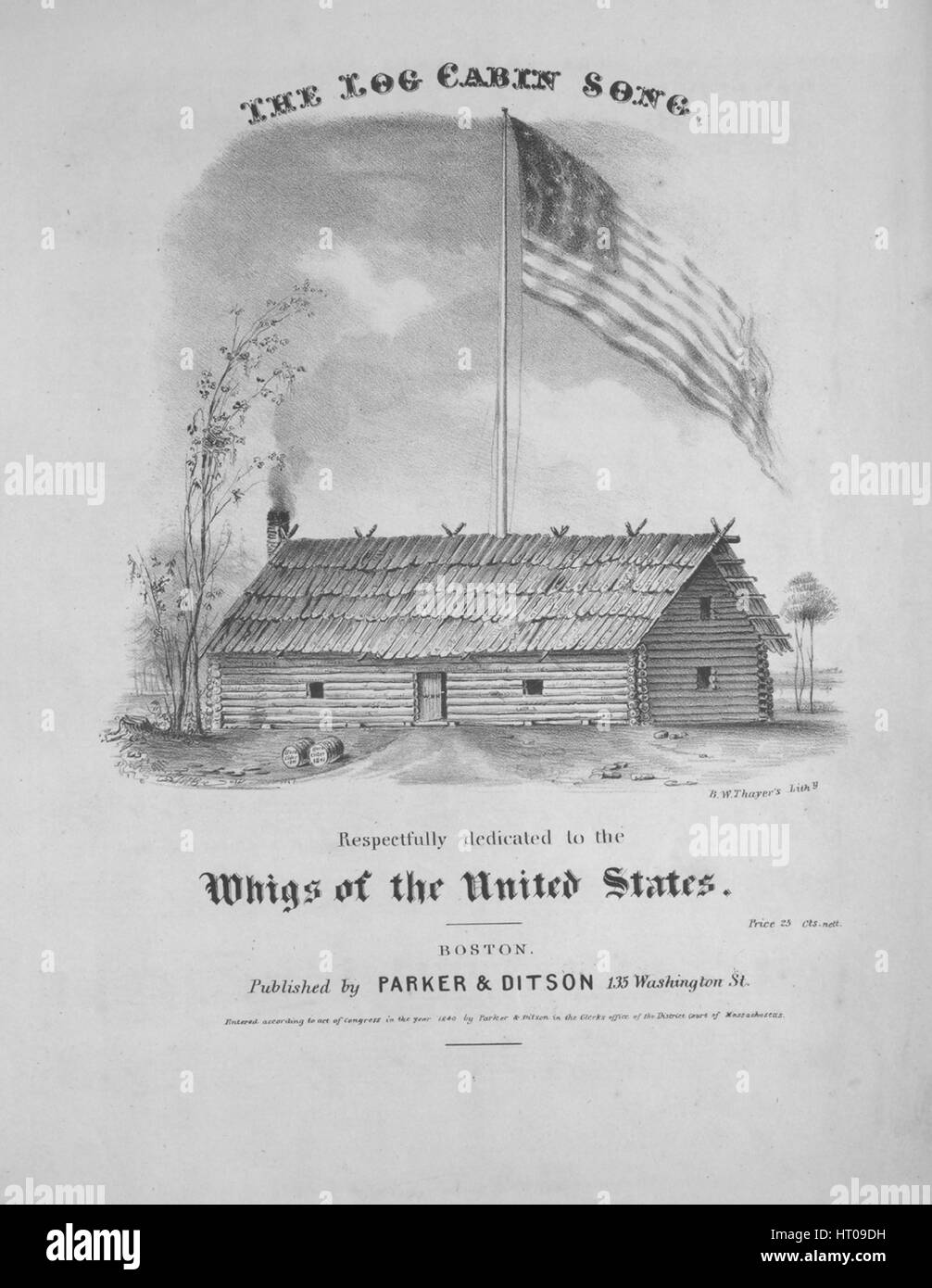 Imagen de cubierta de partituras de la canción "La Cabaña", con canciones  de la autoría original notas leyendo 'palabras por T Power, Esq; adaptado a  un aire popular", Estados Unidos, 1840. El