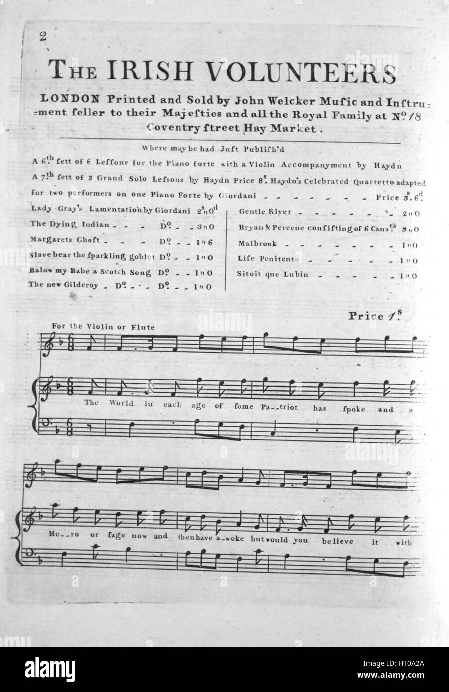 Imagen de cubierta de partituras de la canción "voluntarios irlandeses",  con notas de autoría original leyendo 'na', Reino Unido, 1900. El editor  está clasificada como 'John Welcker música y vendedor de instrumentos