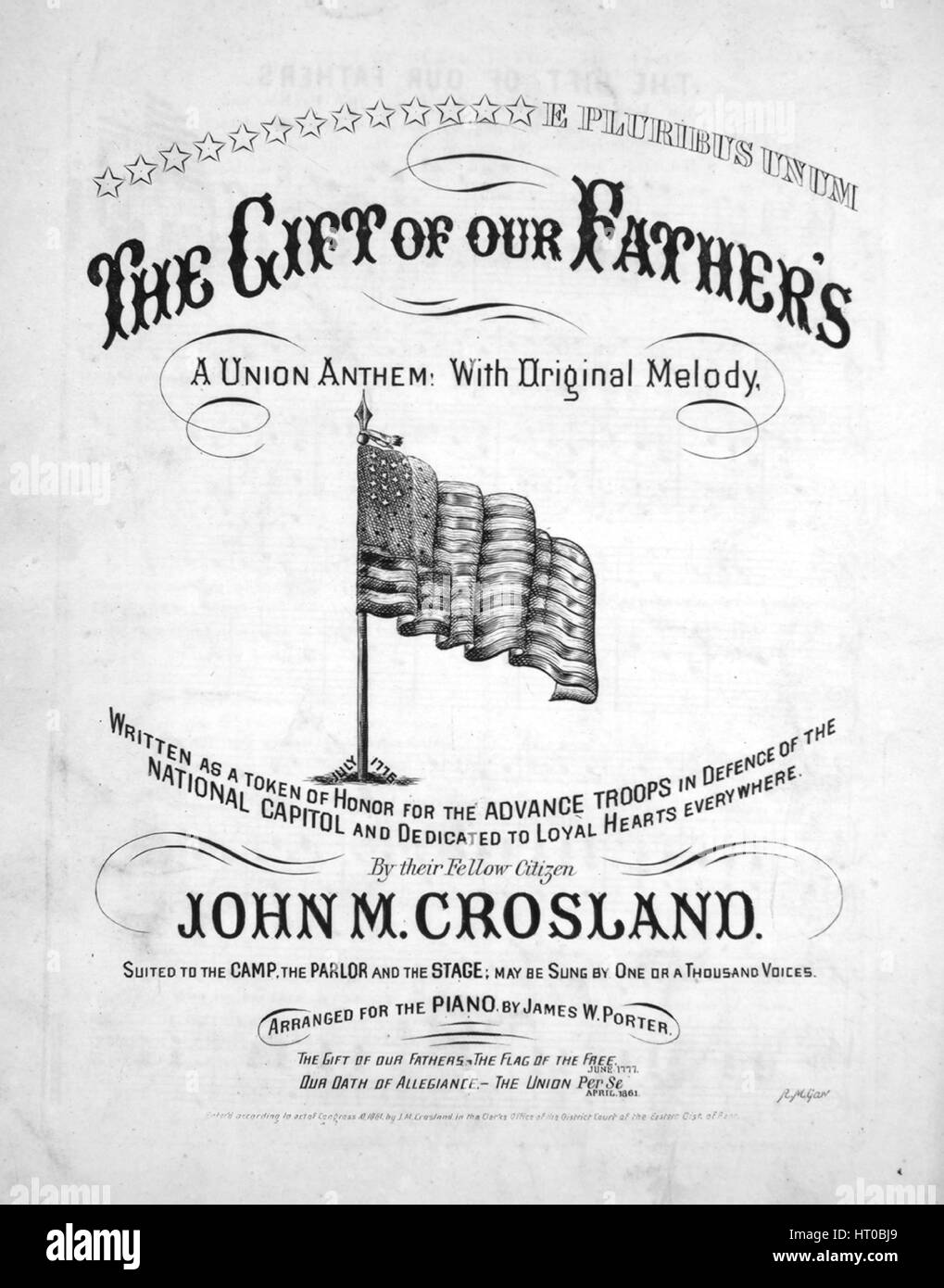 Imagen de cubierta de partituras de la canción "El regalo de nuestros  padres una Unión himno!', con la autoría original notas leyendo 'Con la  melodía original por John M Crosland adaptados al