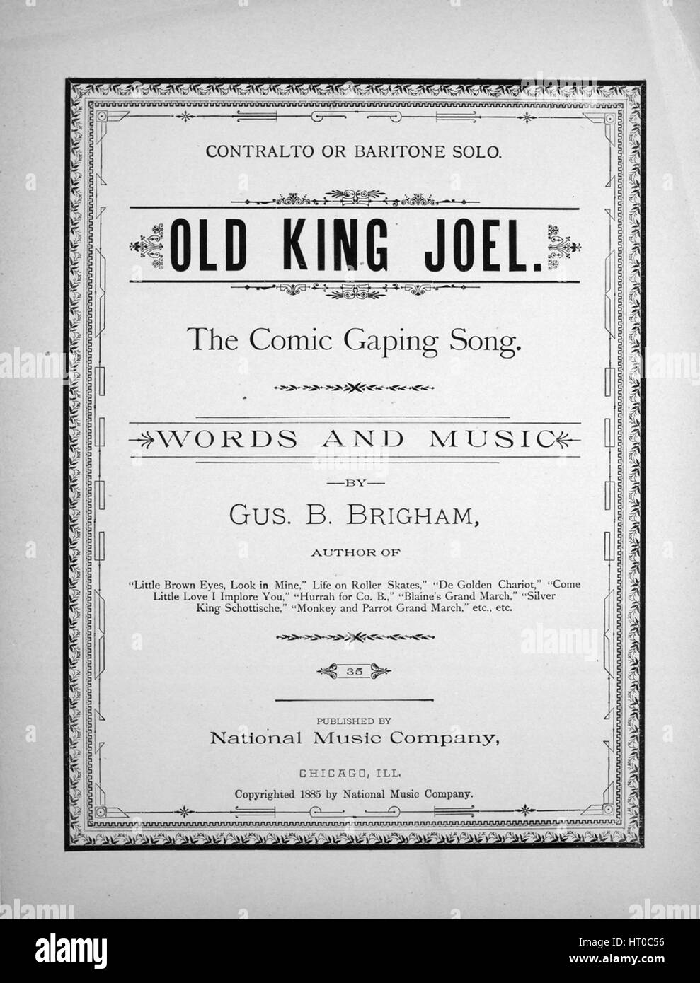 Imagen de cubierta de partituras de la canción "viejo rey Joel el cómic  canción Gaping Contralto o barítono solo", con notas de autoría original  leyendo 'Palabras y música por Gus B Brigham',