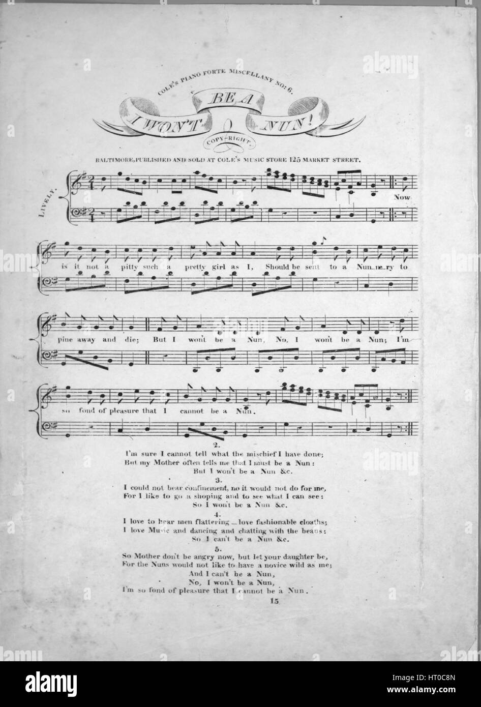 Imagen de cubierta de partituras de la canción "No quiero ser una monja!  Cole Forte Piano Miscelánea nº6", con notas de autoría original leyendo  'na', Estados Unidos, 1900. El editor está clasificada