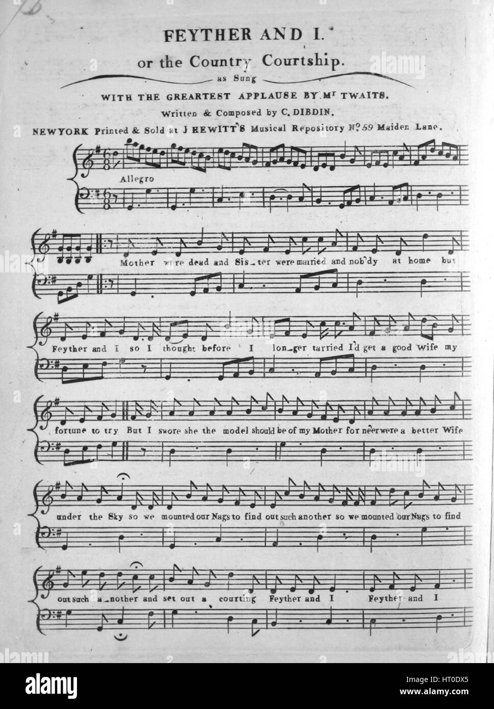 Imagen de cubierta de partituras de la canción 'Feyther y yo, o el país del  cortejo', con notas de autoría original leyendo 'Escrito y compuesto por C  Dibdin', Estados Unidos, 1900. El