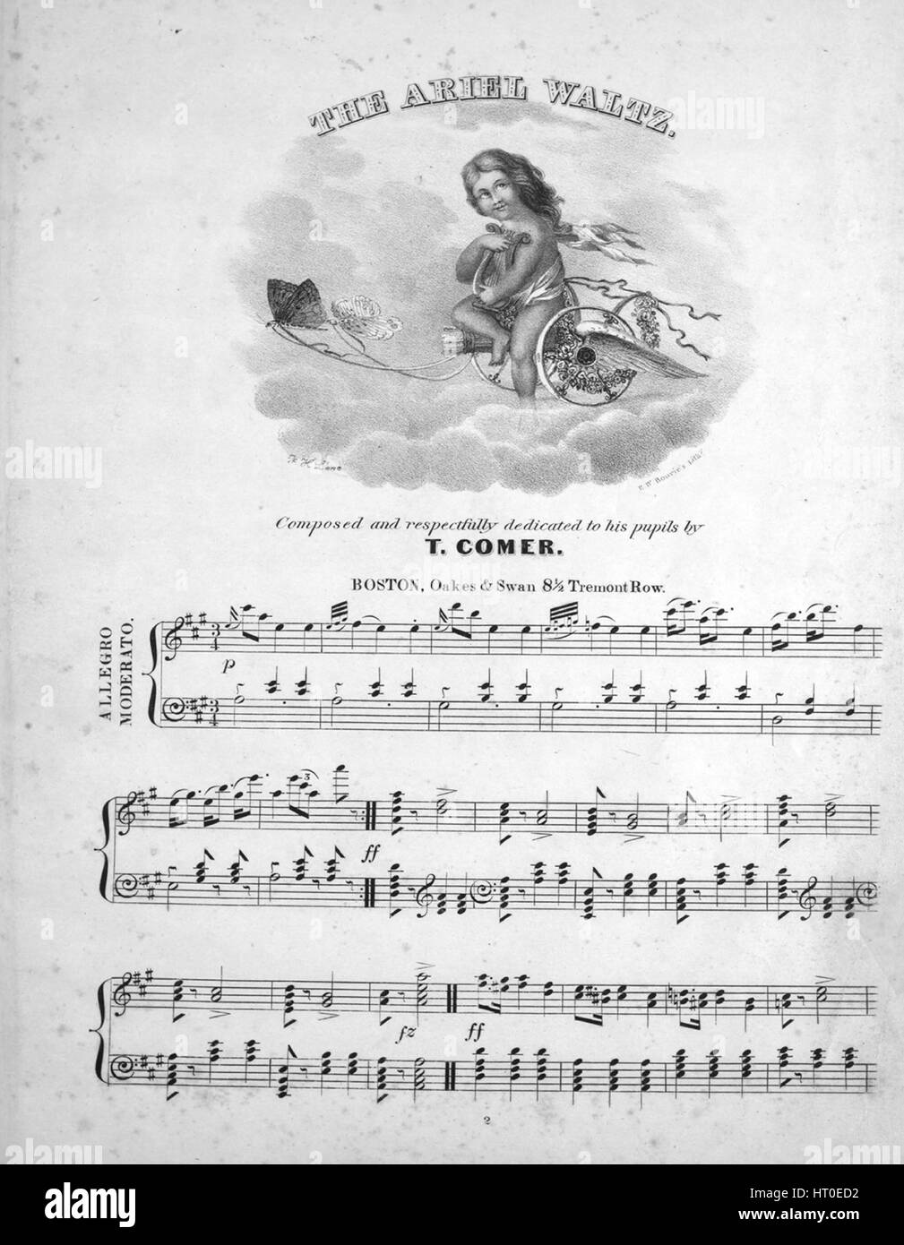 Imagen de cubierta de partituras de la canción "El vals de Ariel", con  notas de autoría original leyendo 'compuesto por T comer', Estados Unidos,  1900. El editor está clasificada como 'Oakes y